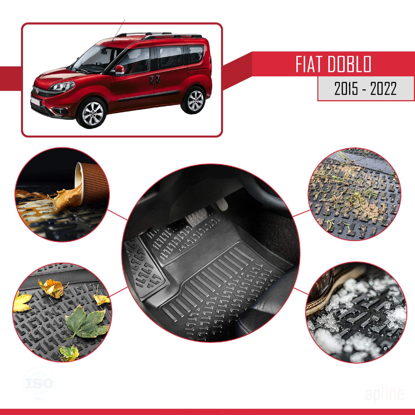 Compatibile con Fiat Doblo 2 Post-Facelift 2015-2022 4D Tappeti in Gomma Nero