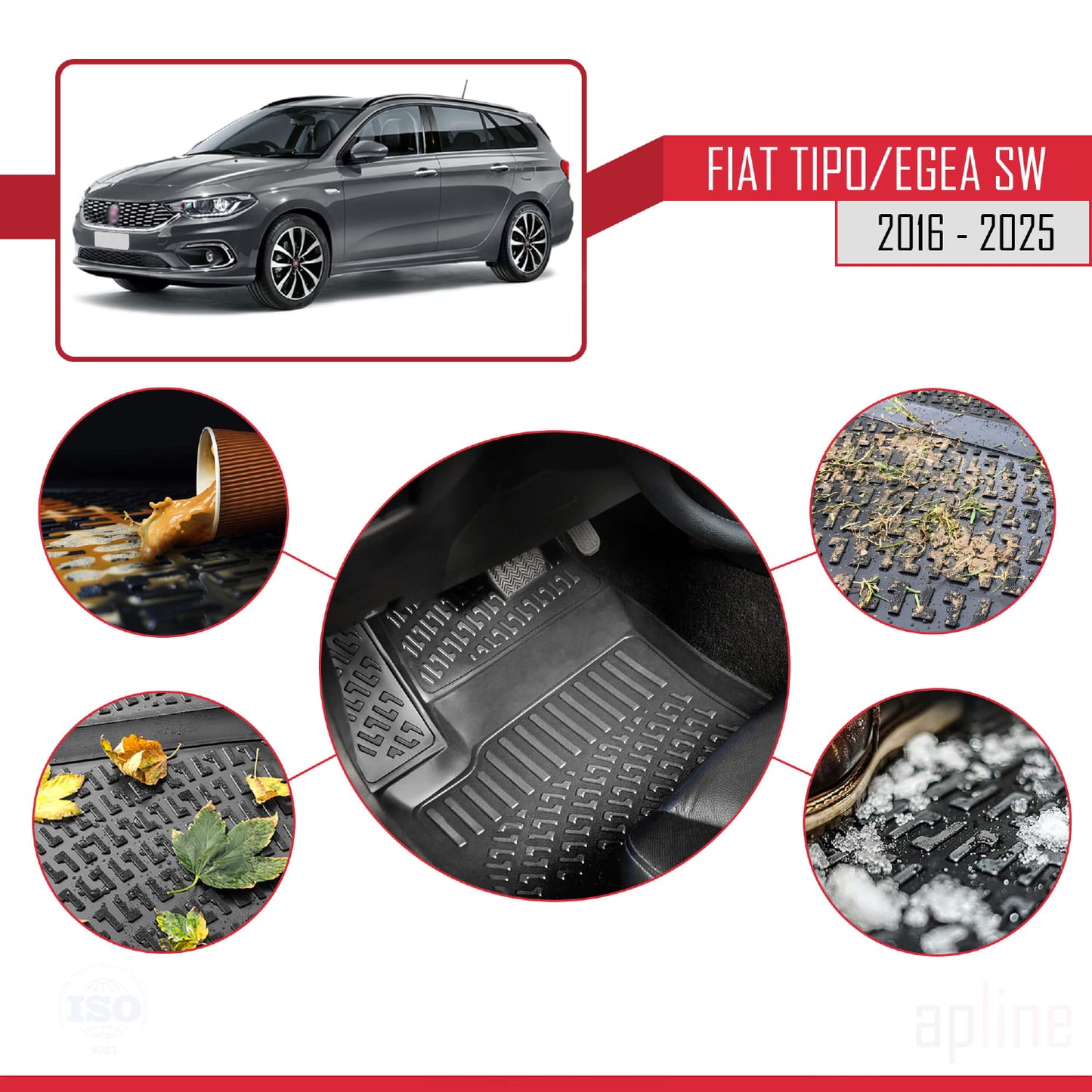 Compatibile con Fiat Egea SW 2016-2025 4D Tappeti in Gomma Nero