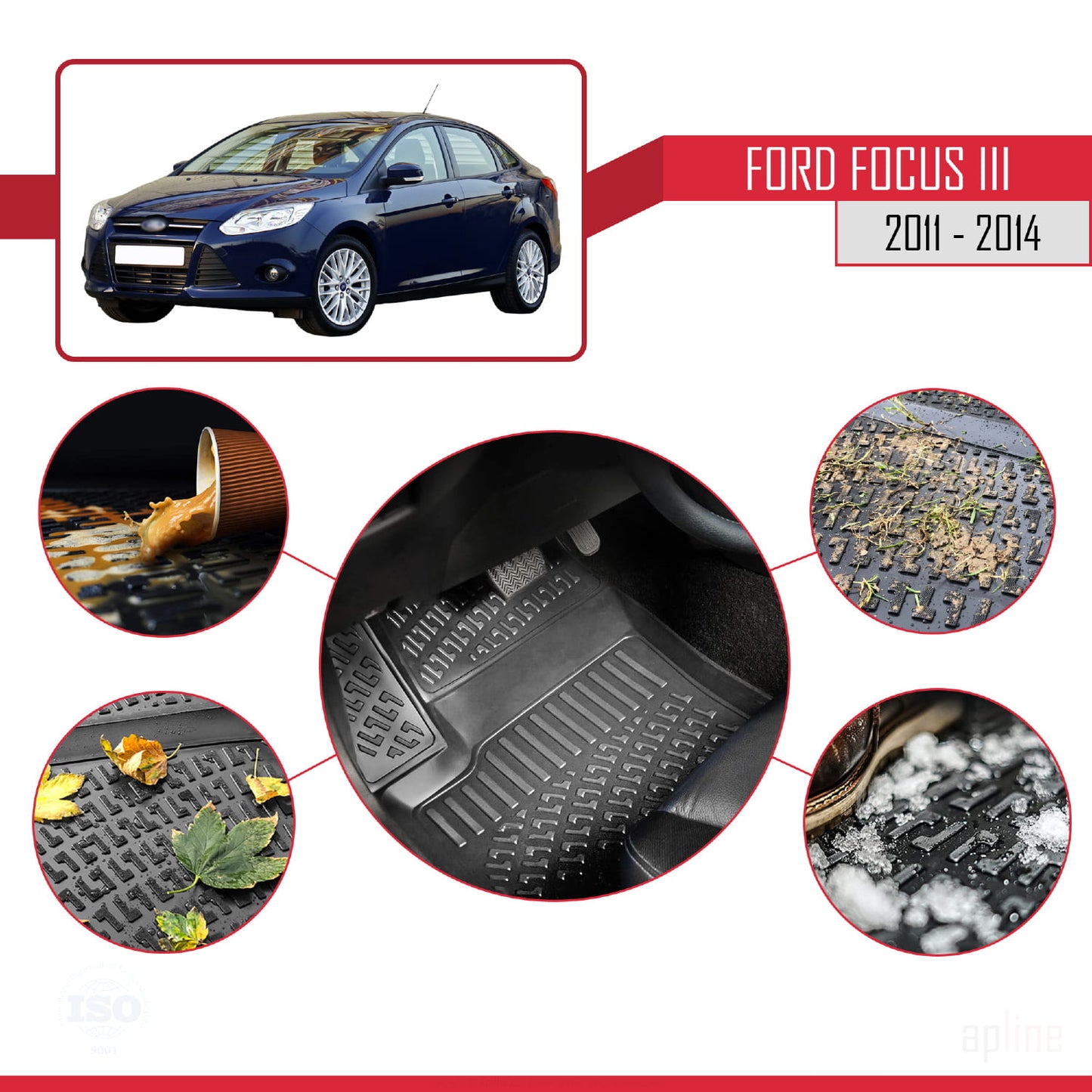 Compatibile con Ford Focus 3 (C346) Pre-Facelift 2011-2014 4D Tappeti in Gomma Nero