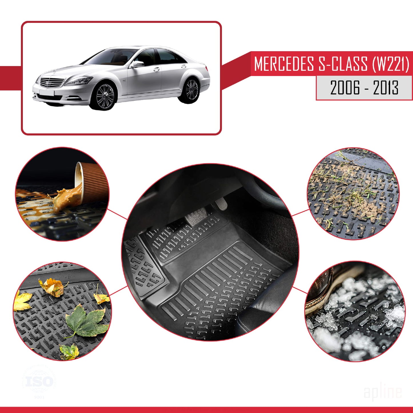 Compatible avec Mercedes S Class (W221) 2006-2013 4D Tapis en Caoutchouc NOIR