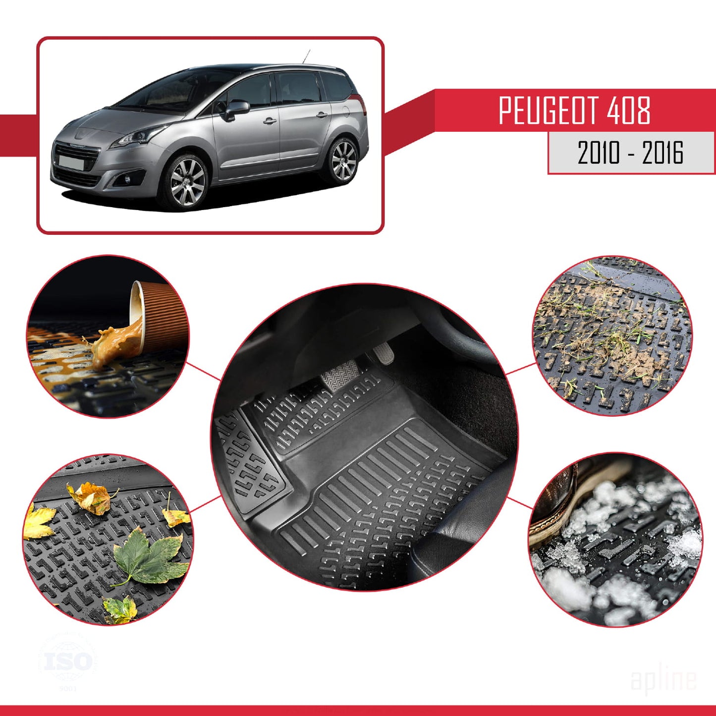 Compatibile con Peugeot 5008 (T8) 2010-2016 4D Tappeti in Gomma Nero