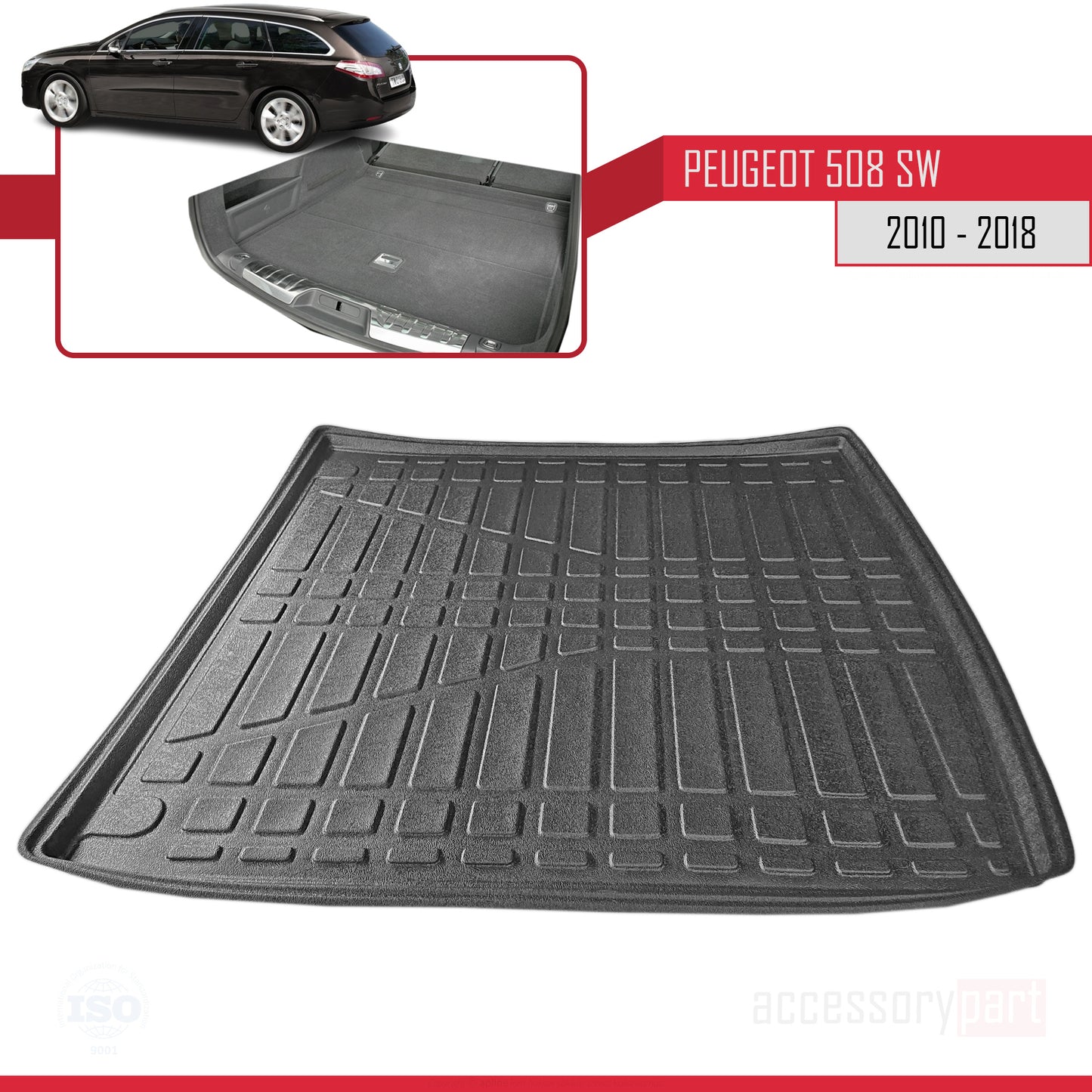 Compatible avec Peugeot 508 (W23) Break 2010-2018 Flexible Tapis de Coffre Plancher de Chargement Noir