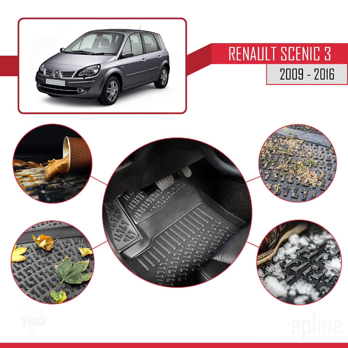 Compatibile con Renault Scenic 3 2009-2016 4D Tappeti in Gomma Nero