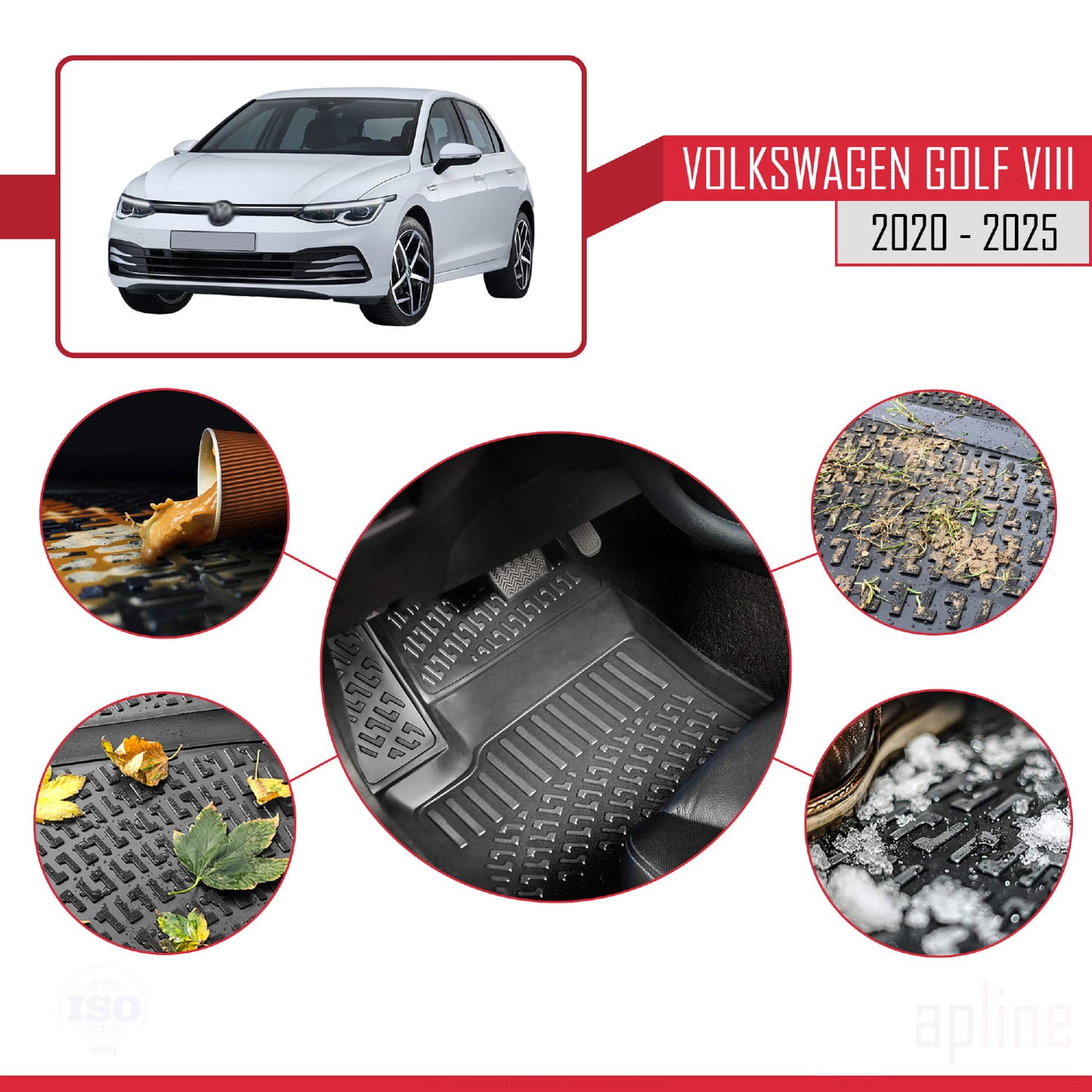 Compatible con Volkswagen Golf 8 (CD1) (Transmisión Manual) 2020-2025 4D Alfombrillas de Goma Negro