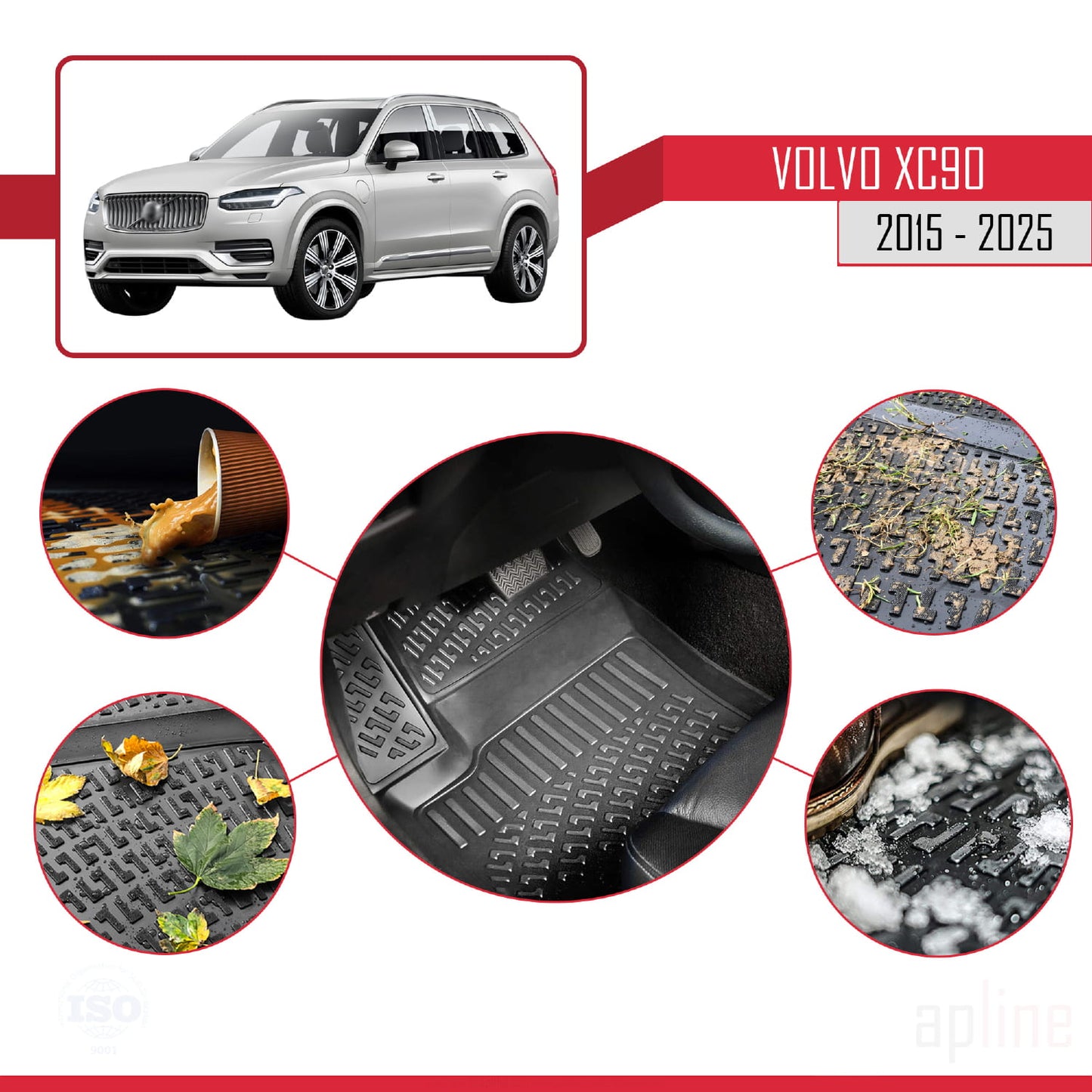 Compatible avec Volvo XC90 II 2015-2025 4D Tapis de Voiture Noir