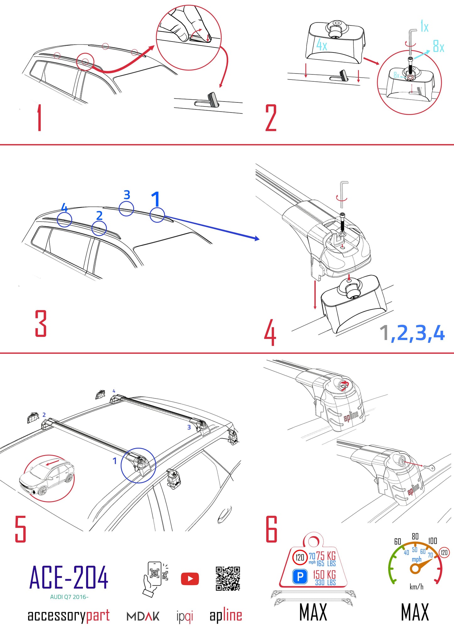 Compatibile con Q7 (4M) 2016-2025 ACE-2 Barre Tetto Portapacchi Auto Barre Portatutto Grigo Alluminio 2 Barre