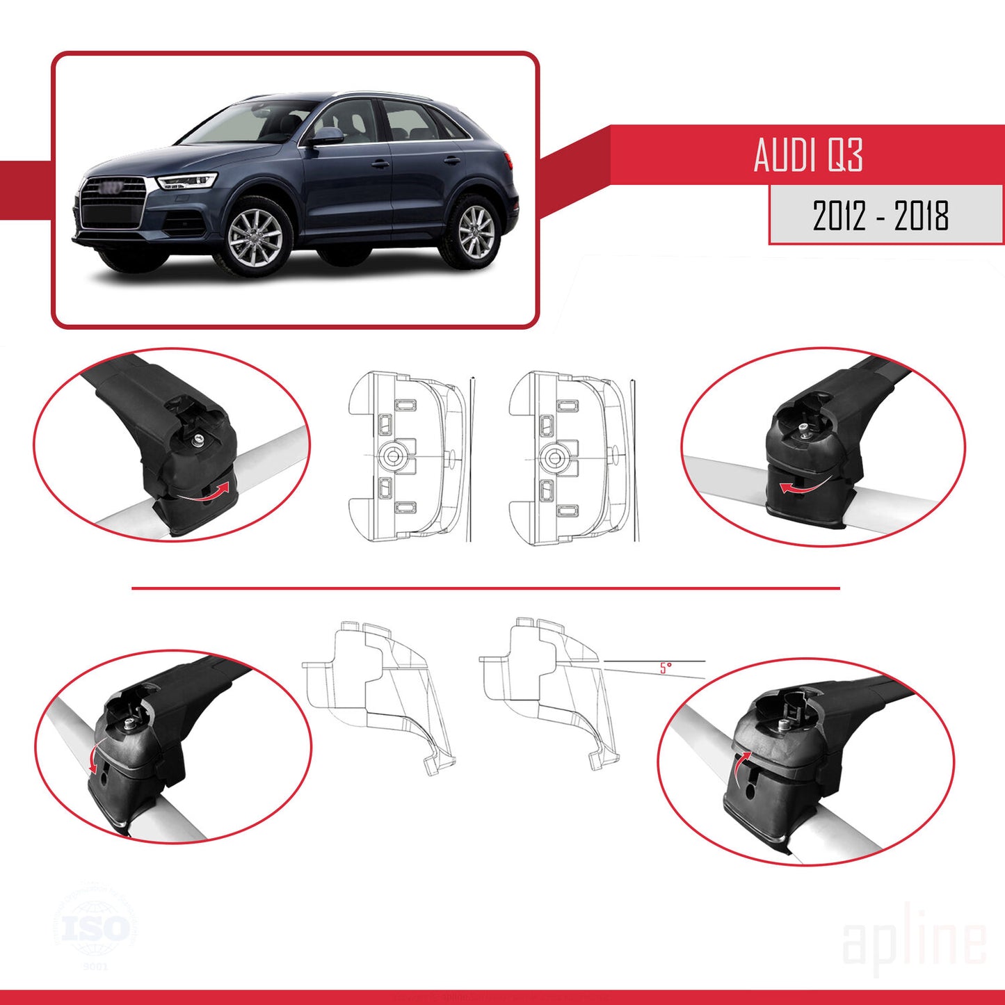 Kompatibel mit Q3 (8U) 2012-2018 ACE-2 Relingträger Dachträger Auto Gepäckträger Schwarz Aluminium 2 Stangen