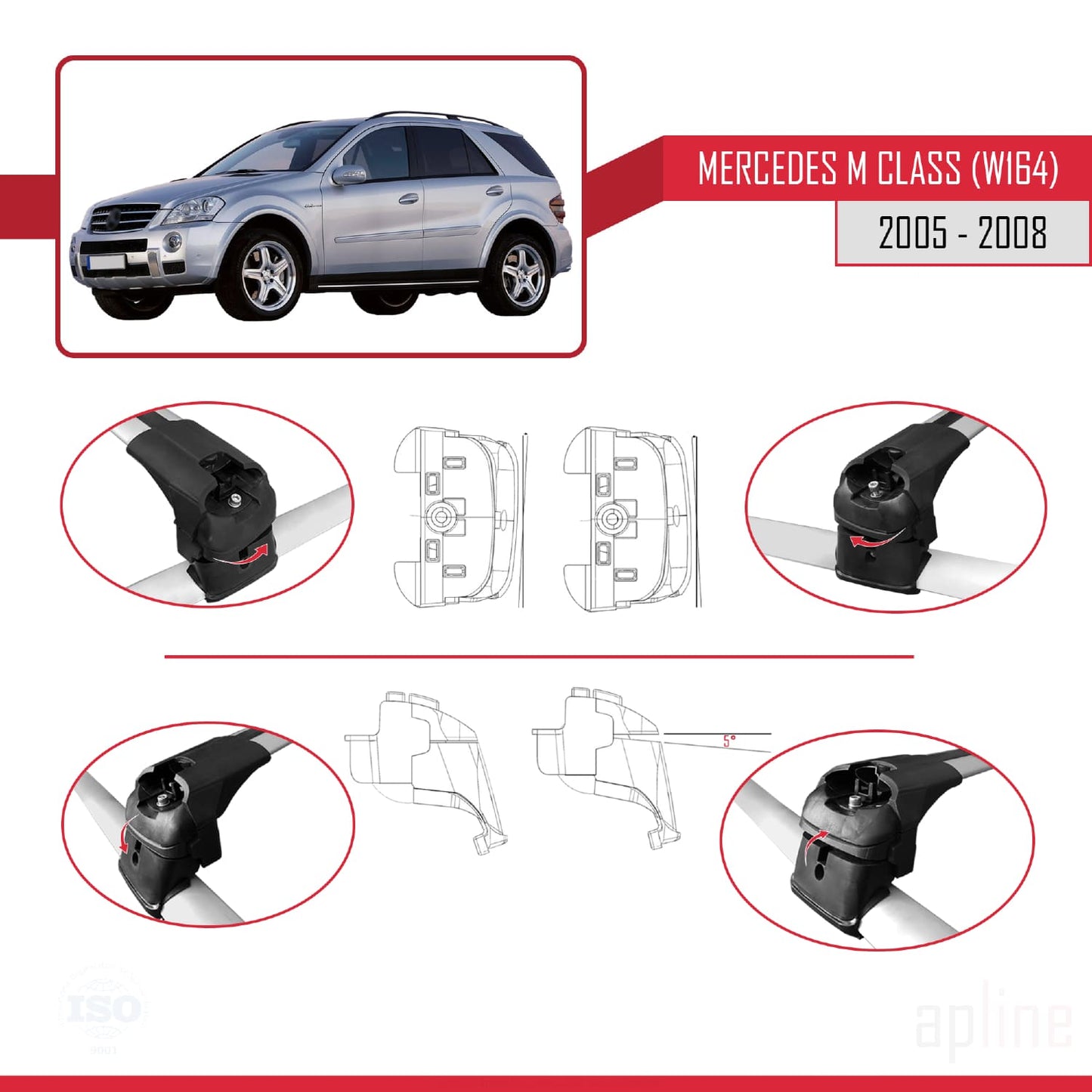 Compatible avec Mercedes Classe M 2 (W164) Pre-Facelift 2005-2008 ACE-2 Barres de Toit Railing Porte-Bagages de Voiture Gris Aluminium 2 Barres