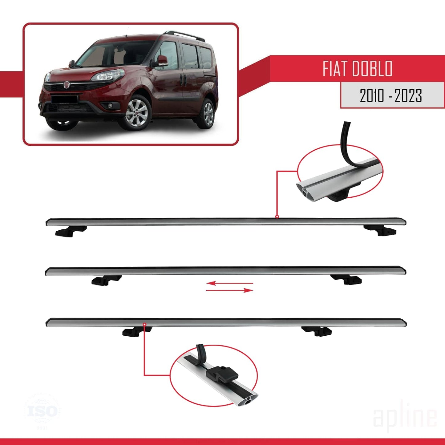 Compatibile con Fiat Doblo 2 2010-2022 modello BASIC Barre portatutto Railing Portapacchi per auto Alluminio grigio 4 barre