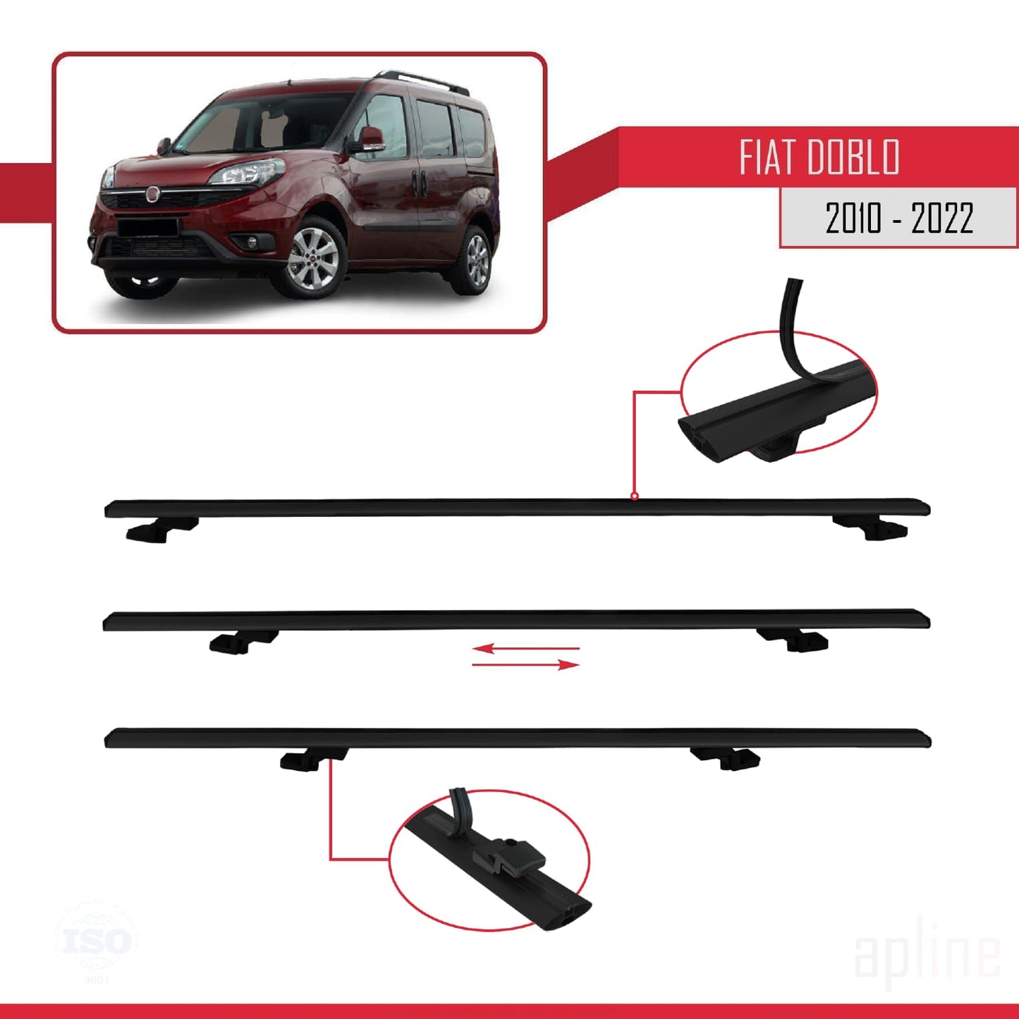 Compatibile con Fiat Doblo 2 2010-2022 modello BASIC Barre portatutto Railing Portapacchi per auto Alluminio nero 4 barre
