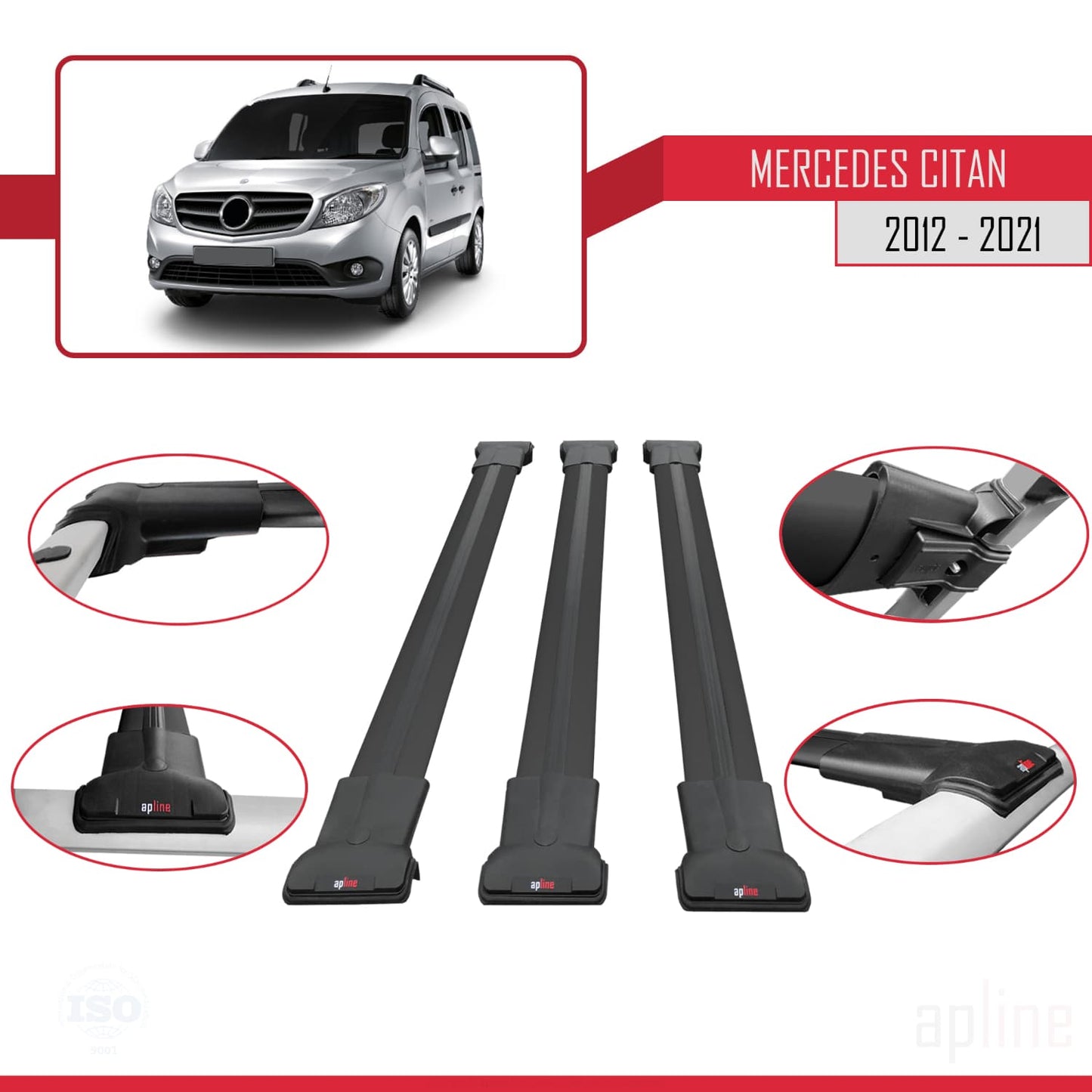 Compatible con Mercedes Citan (W415) 2012-2021 FLY Model Barras de Techo Auto Portaequipajes Barras Transversales Negro Aluminio 3 Barras