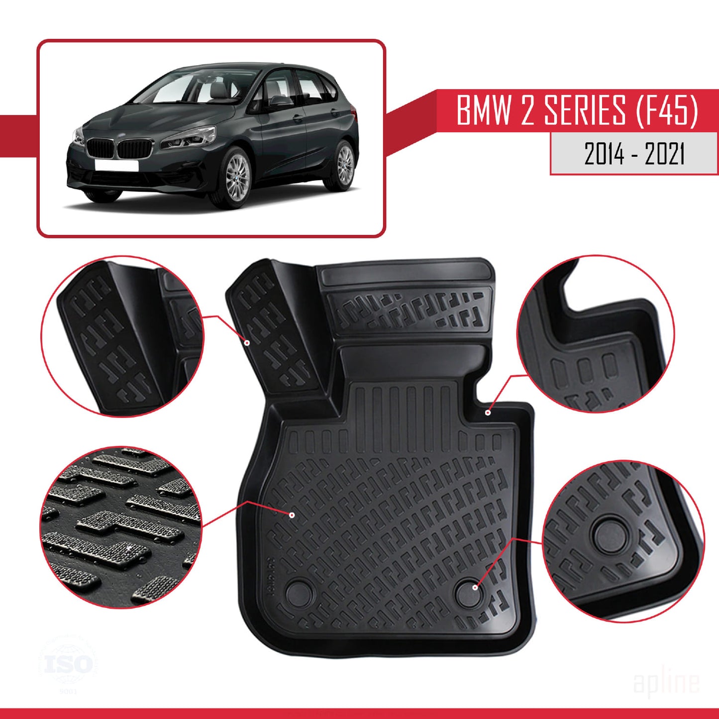 Compatible con BMW Serie 2 (F45) Active Tourer 2014-2021 4D Alfombrillas de Goma Negro