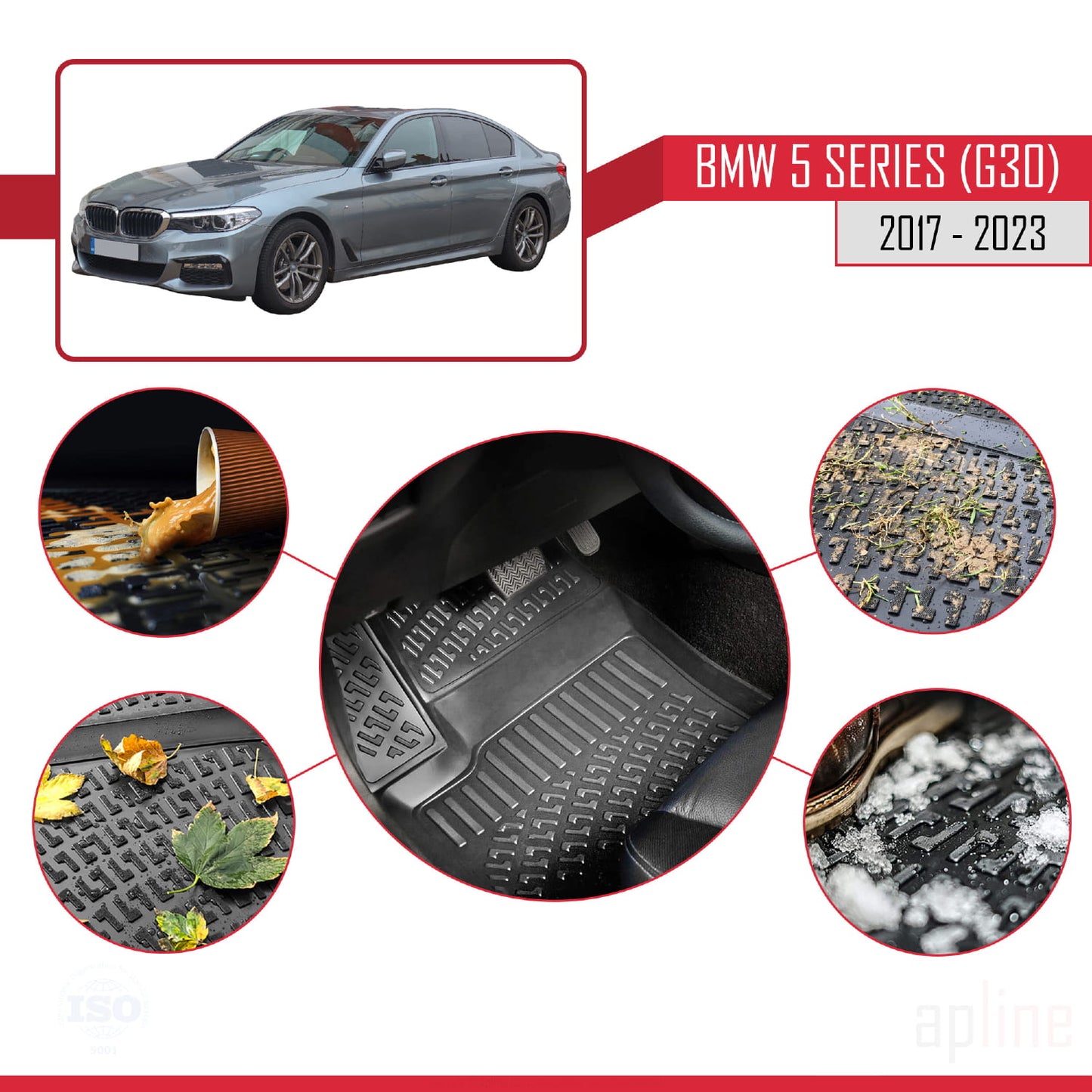 Compatibile con BMW Serie 5 (G30) 2017-2023 4D Tappeti in Gomma Nero