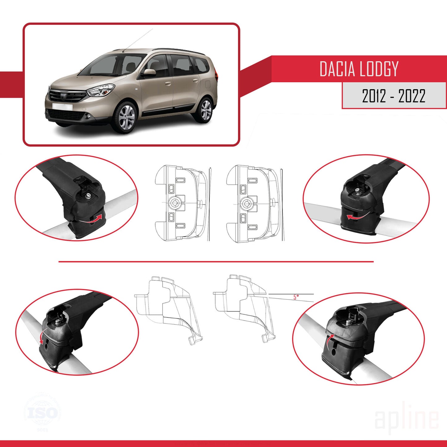 Compatibile con Dacia Lodgy (J92) 2012-2022 ACE-2 Barre Tetto Portapacchi Auto Barre Portatutto Nero Alluminio 2 Barre