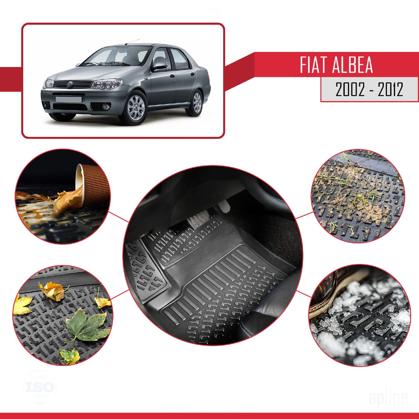 Compatibile con Fiat Albea 2002-2012 4D Tappeti in Gomma Nero