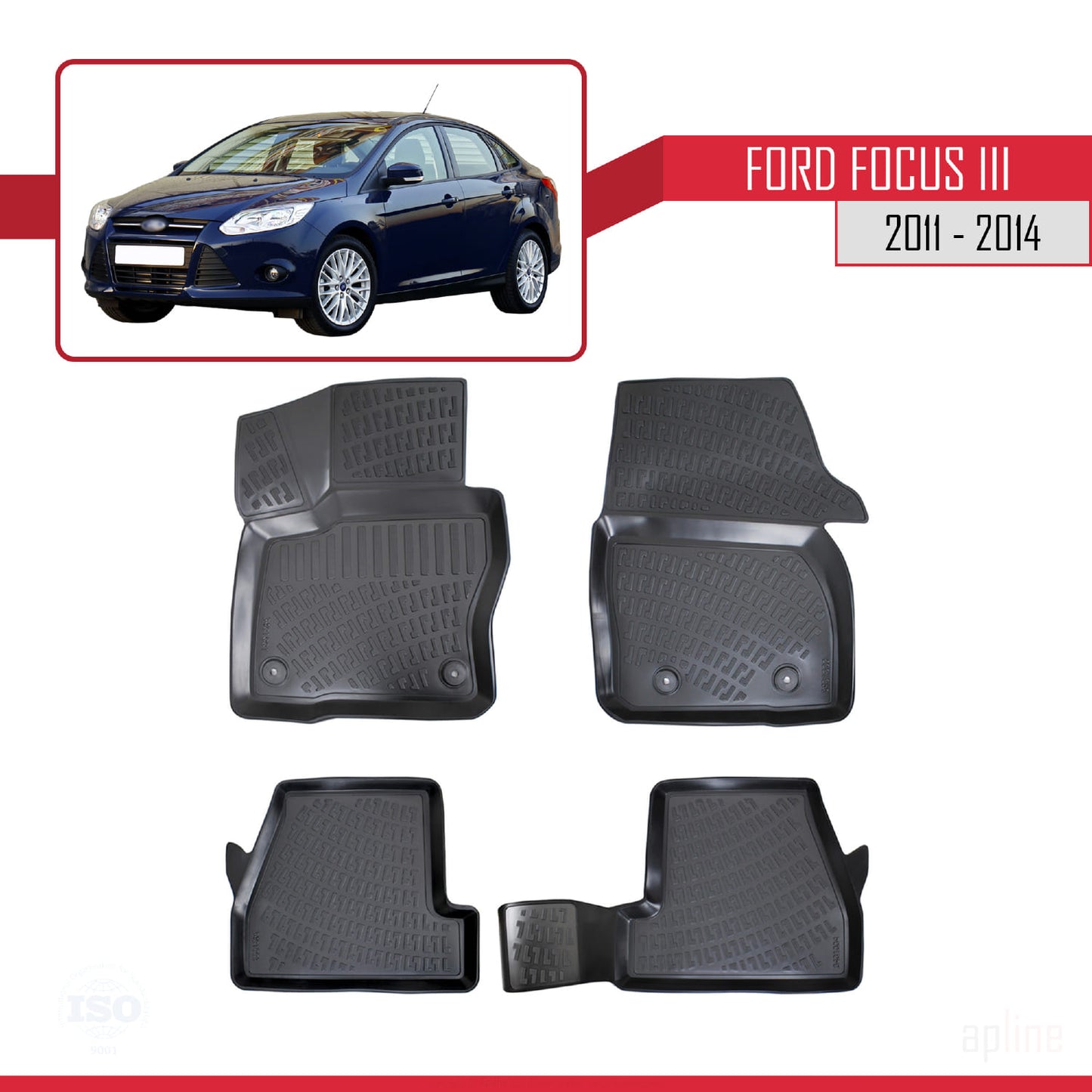 Compatibile con Ford Focus 3 (C346) Pre-Facelift 2011-2014 4D Tappeti in Gomma Nero