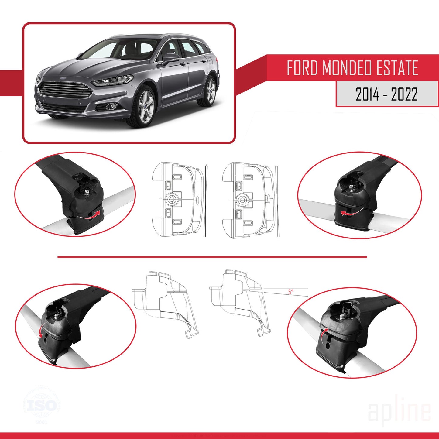 Compatibile con Ford Mondeo 4 (CD391) 2014-2022 Barre portatutto ACE-2 in alluminio nero, 2 barre