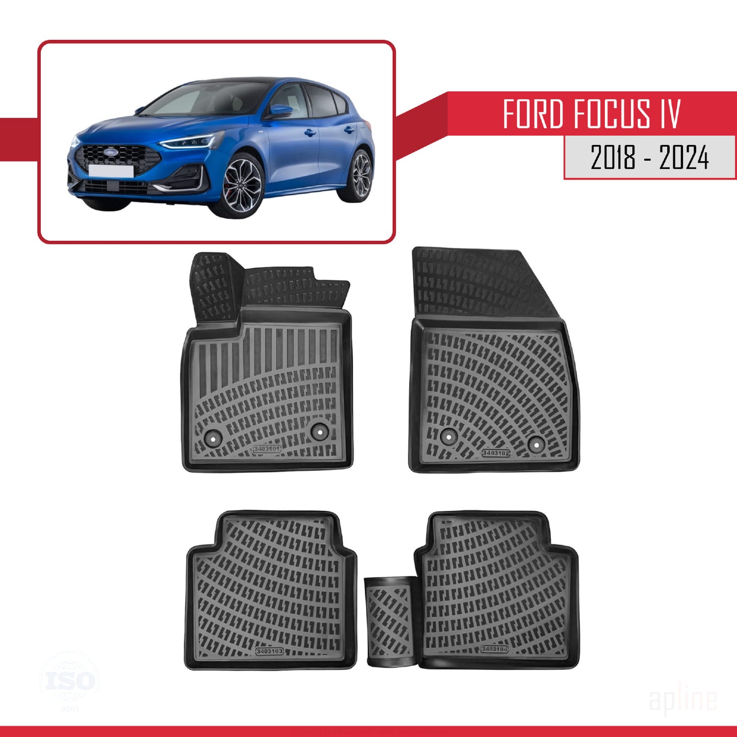Compatibile con Ford Focus 4 (C519) 2018-2025 4D Tappeti in Gomma Nero