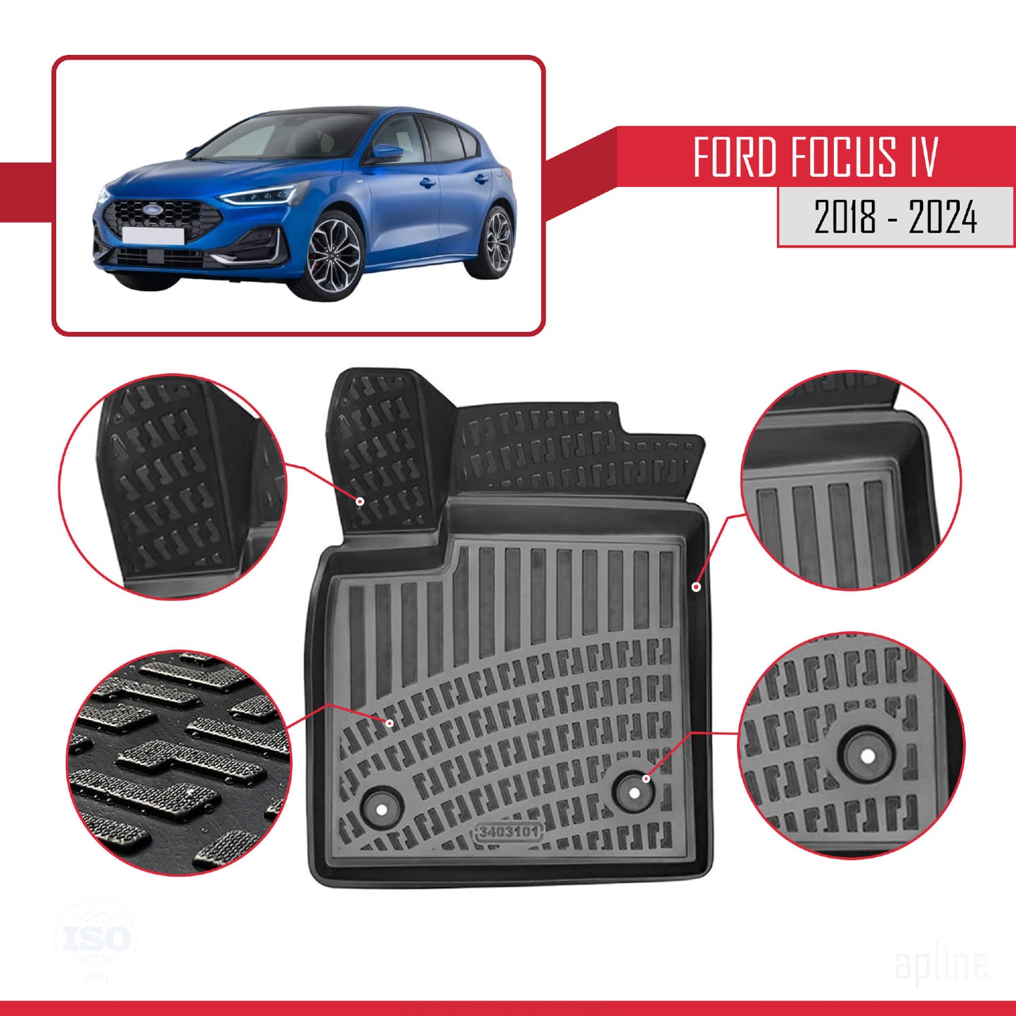 Compatibile con Ford Focus 4 (C519) 2018-2025 4D Tappeti in Gomma Nero