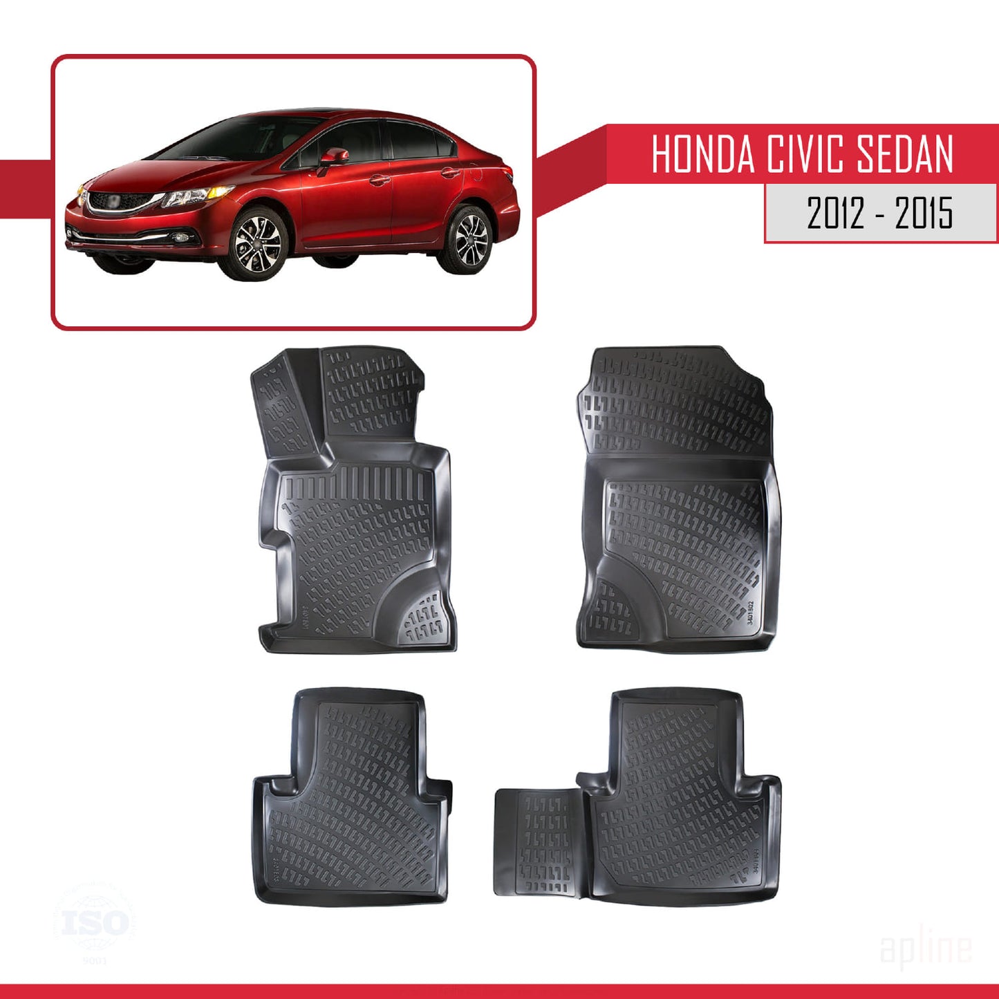 4D Rubbermatten Compatible met Honda Civic 9 (FB) Sedan 2012-2015 Zwart