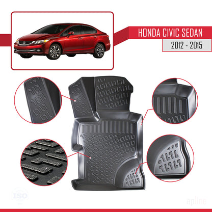 4D Rubbermatten Compatible met Honda Civic 9 (FB) Sedan 2012-2015 Zwart