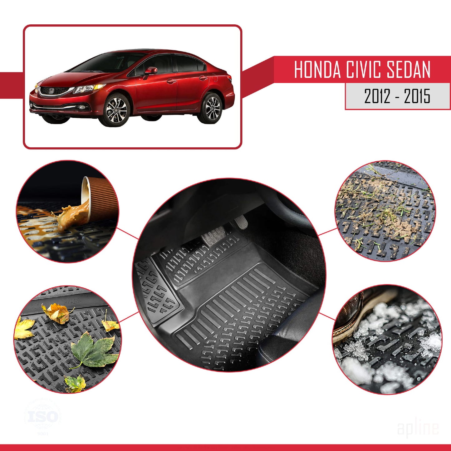 4D Rubbermatten Compatible met Honda Civic 9 (FB) Sedan 2012-2015 Zwart