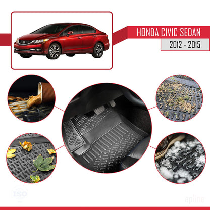 4D Rubbermatten Compatible met Honda Civic 9 (FB) Sedan 2012-2015 Zwart