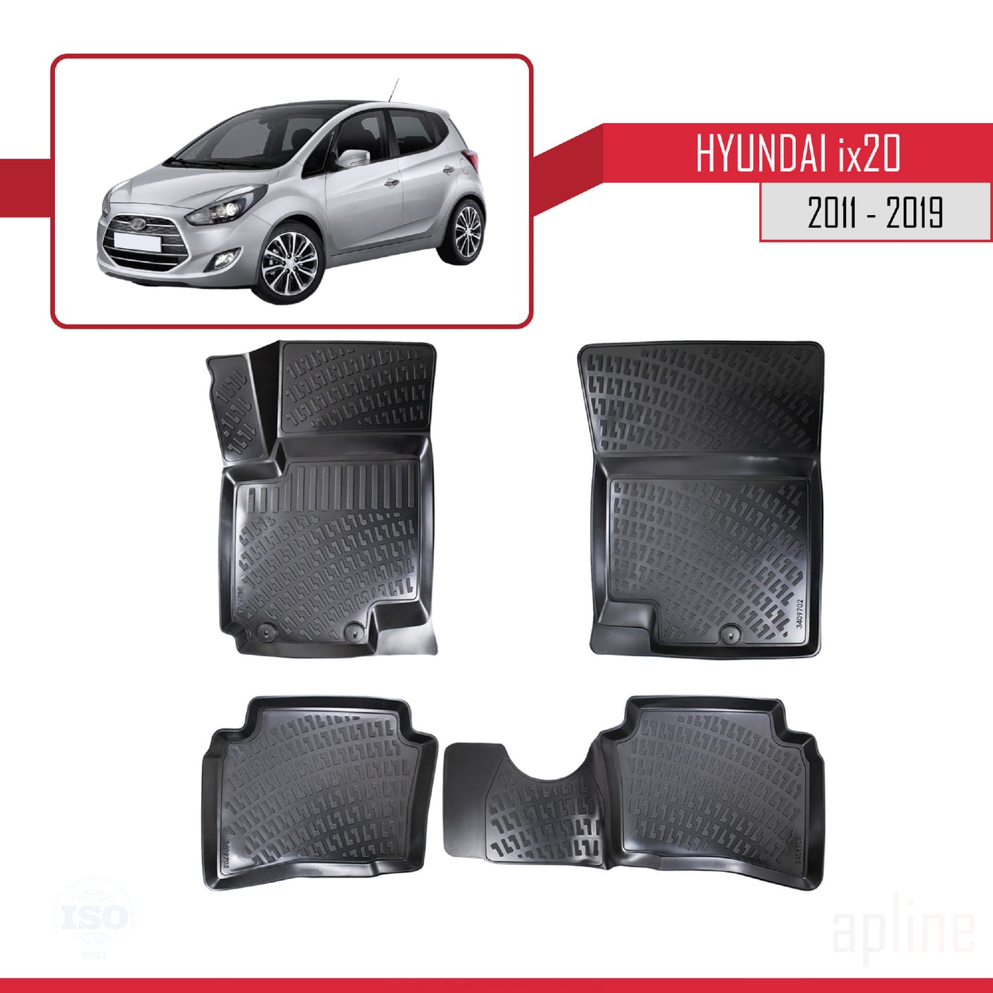 Compatible con Hyundai ix20 (JC) 2011-2019 4D Alfombrillas de Goma Negro