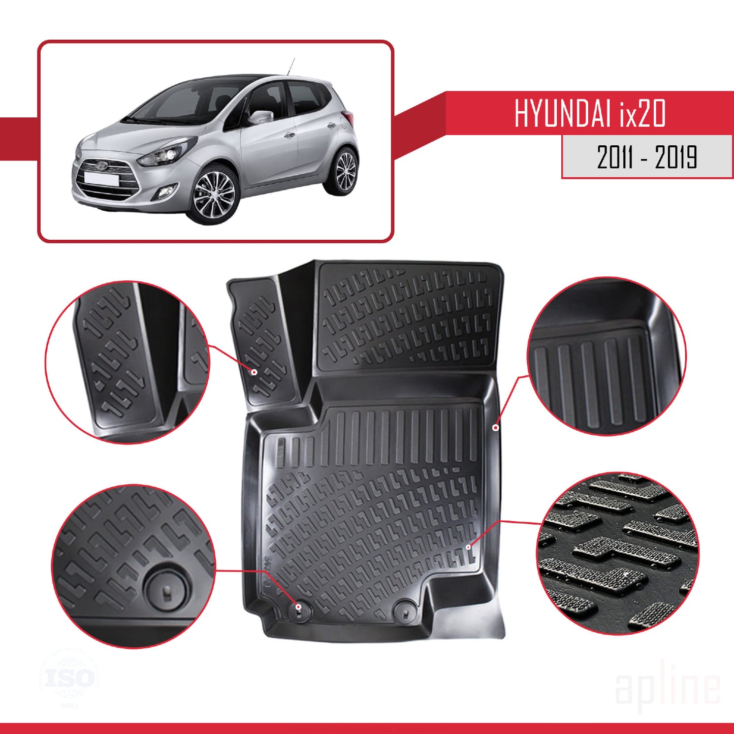 Compatible con Hyundai ix20 (JC) 2011-2019 4D Alfombrillas de Goma Negro