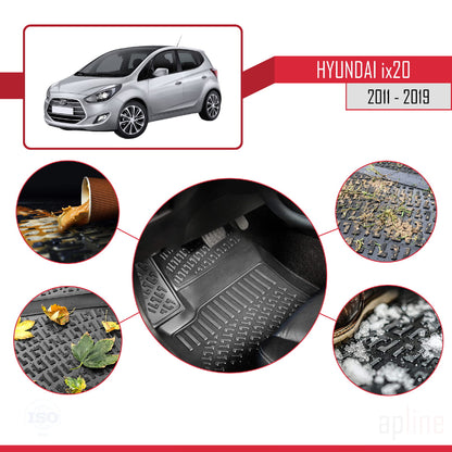 Compatible con Hyundai ix20 (JC) 2011-2019 4D Alfombrillas de Goma Negro