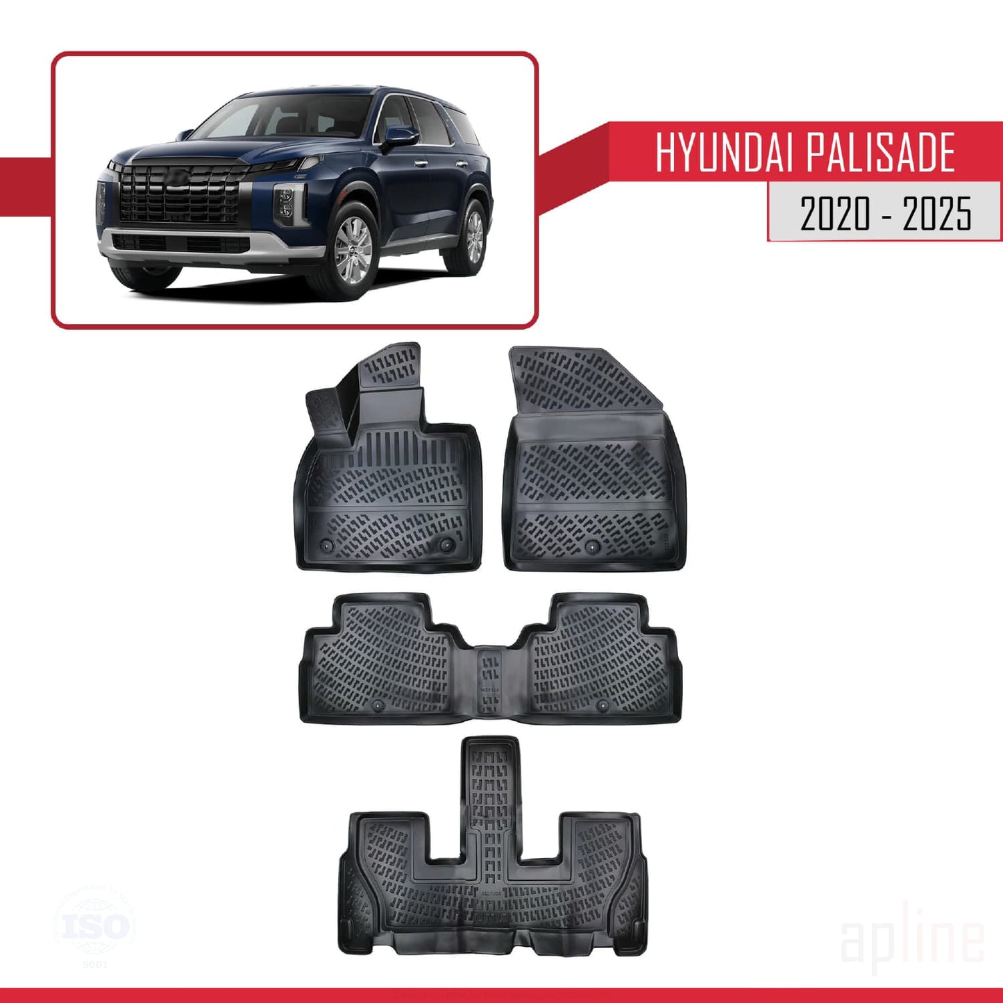 Compatibile con Hyundai Palisade (7 Koltuk) 2020-2025 4D Tappeti in Gomma Nero
