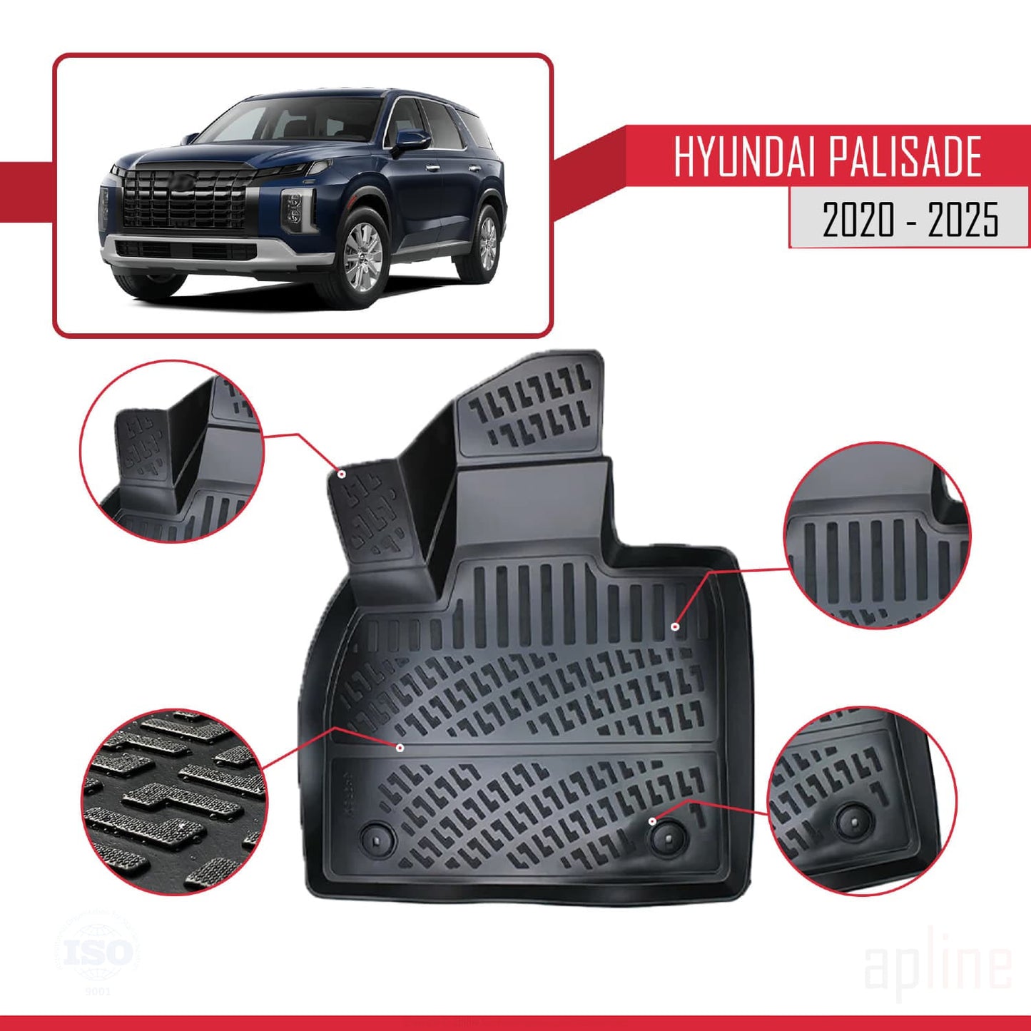 Compatibile con Hyundai Palisade (7 Koltuk) 2020-2025 4D Tappeti in Gomma Nero