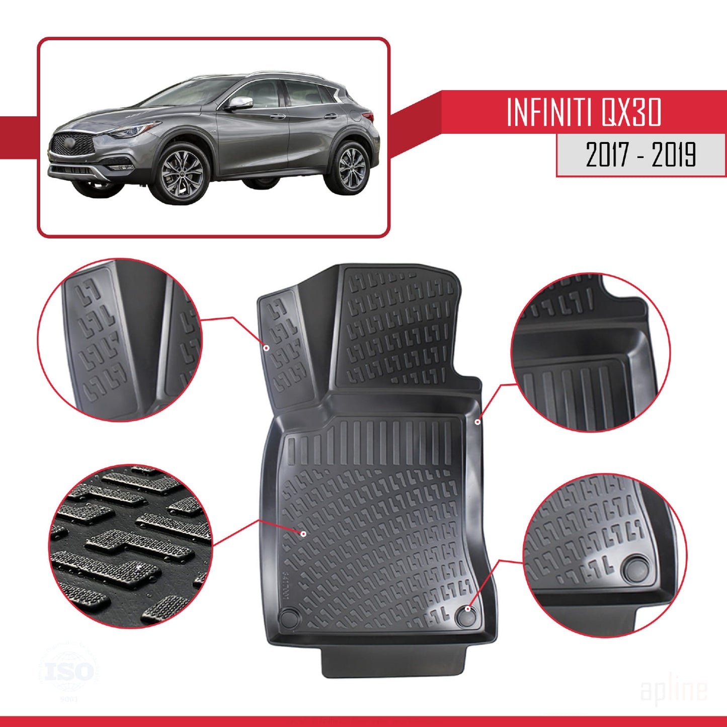 Compatibile con Infiniti QX30 (H15) 2017-2019 4D Tappeti in Gomma Nero