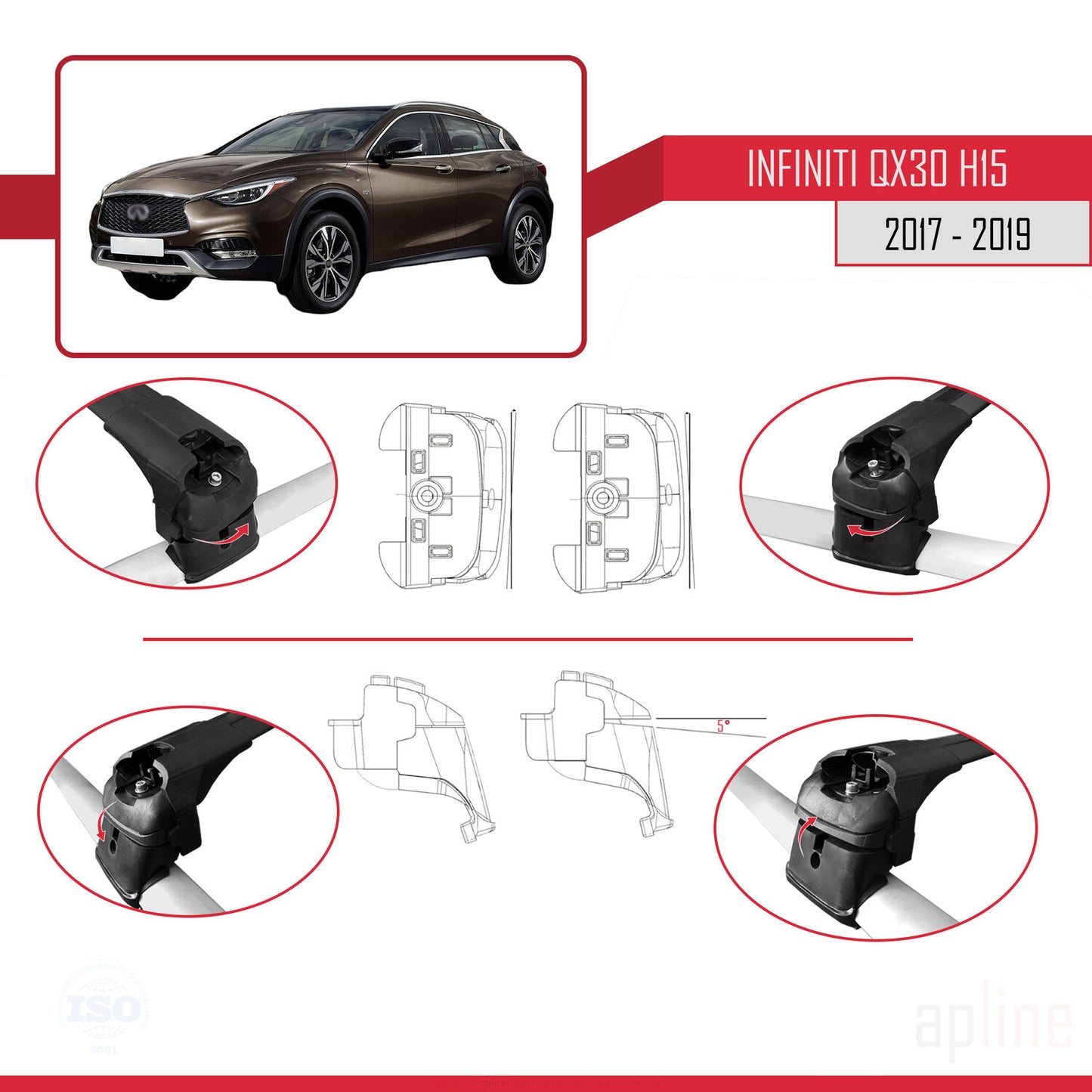 Compatible avec Infiniti QX30 (H15) 2017-2019 ACE-2 Barres de Toit Railing Porte-Bagages de Voiture Noir Aluminium 2 Barres