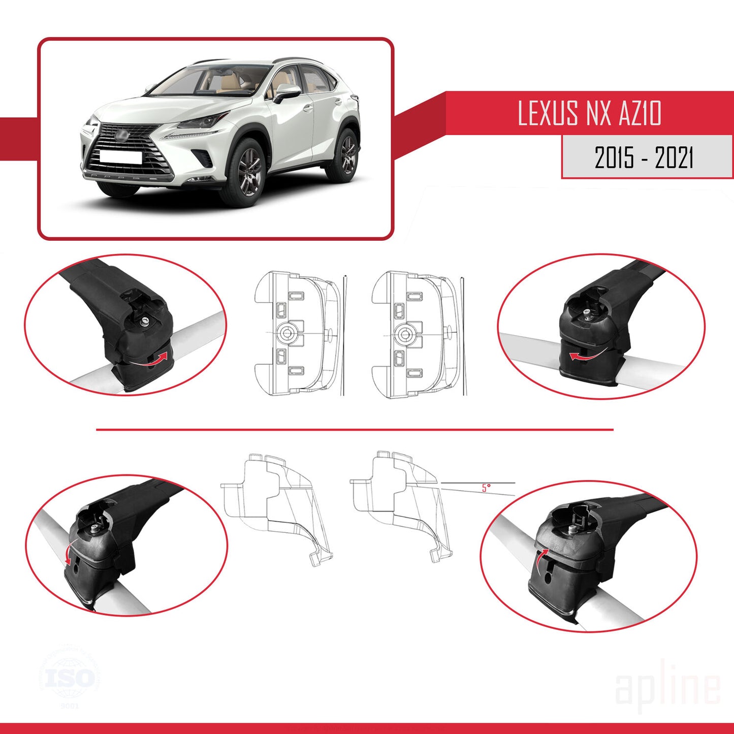 Compatible avec Lexus NX (AZ10) 2015-2021 ACE-2 Barres de Toit Railing Porte-Bagages de Voiture Noir Aluminium 2 Barres