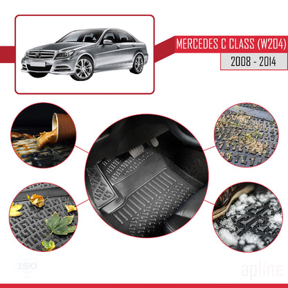 Compatible avec Mercedes Classe C 3 (W204) 2008-2014 4D Tapis de Voiture Noir
