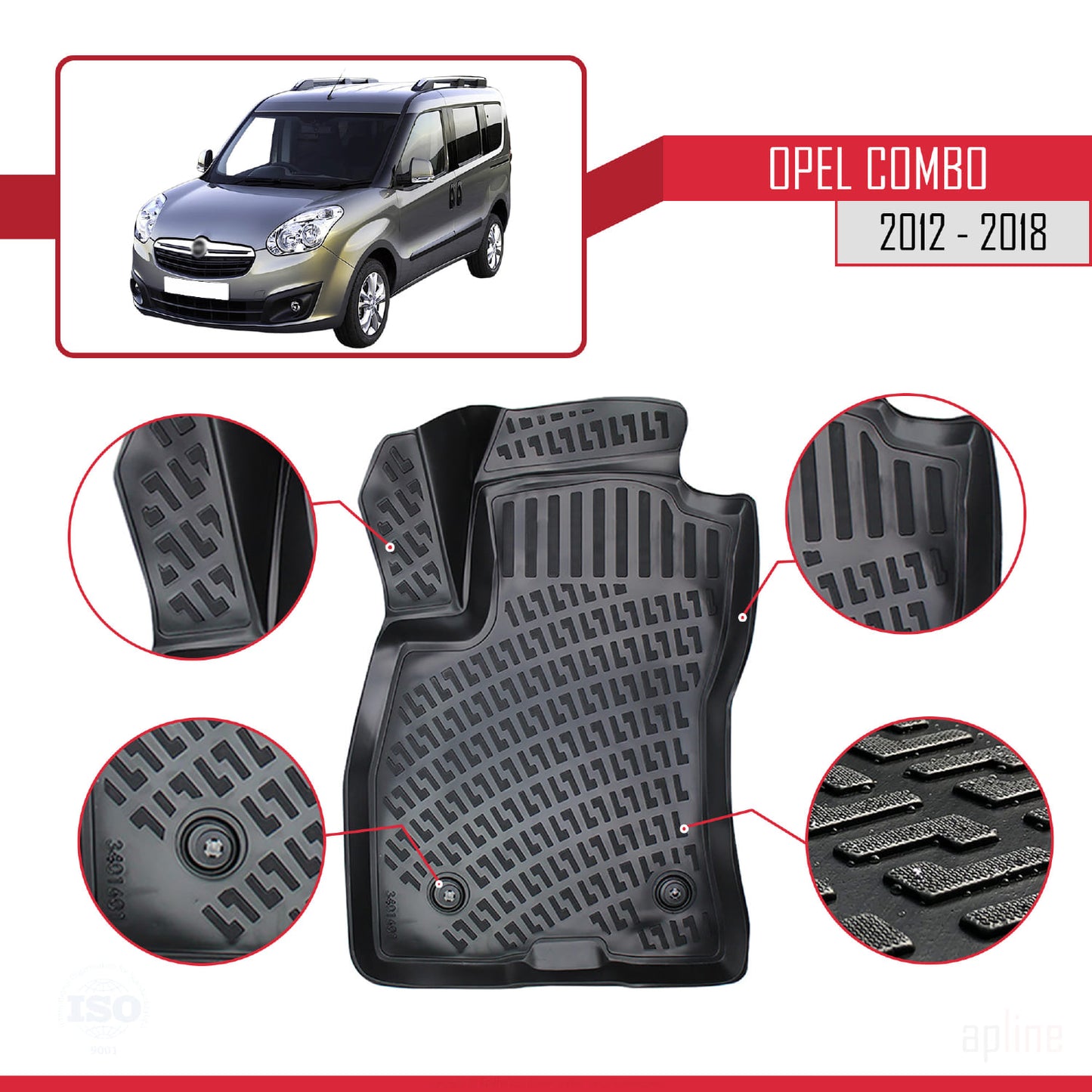 Compatibile con Opel Combo D 2012-2018 4D Tappeti in Gomma Nero