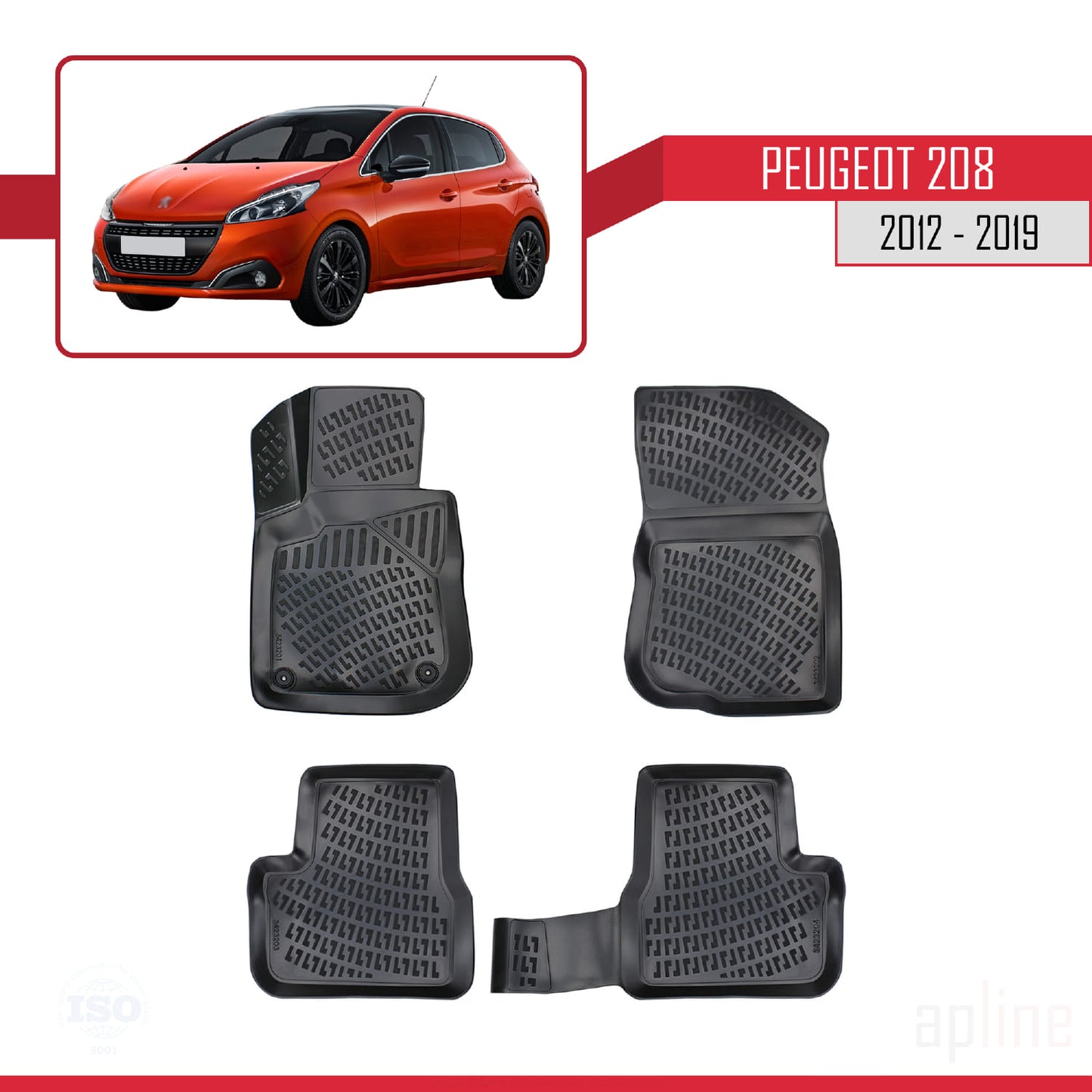 Compatible avec Peugeot 208 (A9) 2012-2019 4D Tapis de Voiture Noir