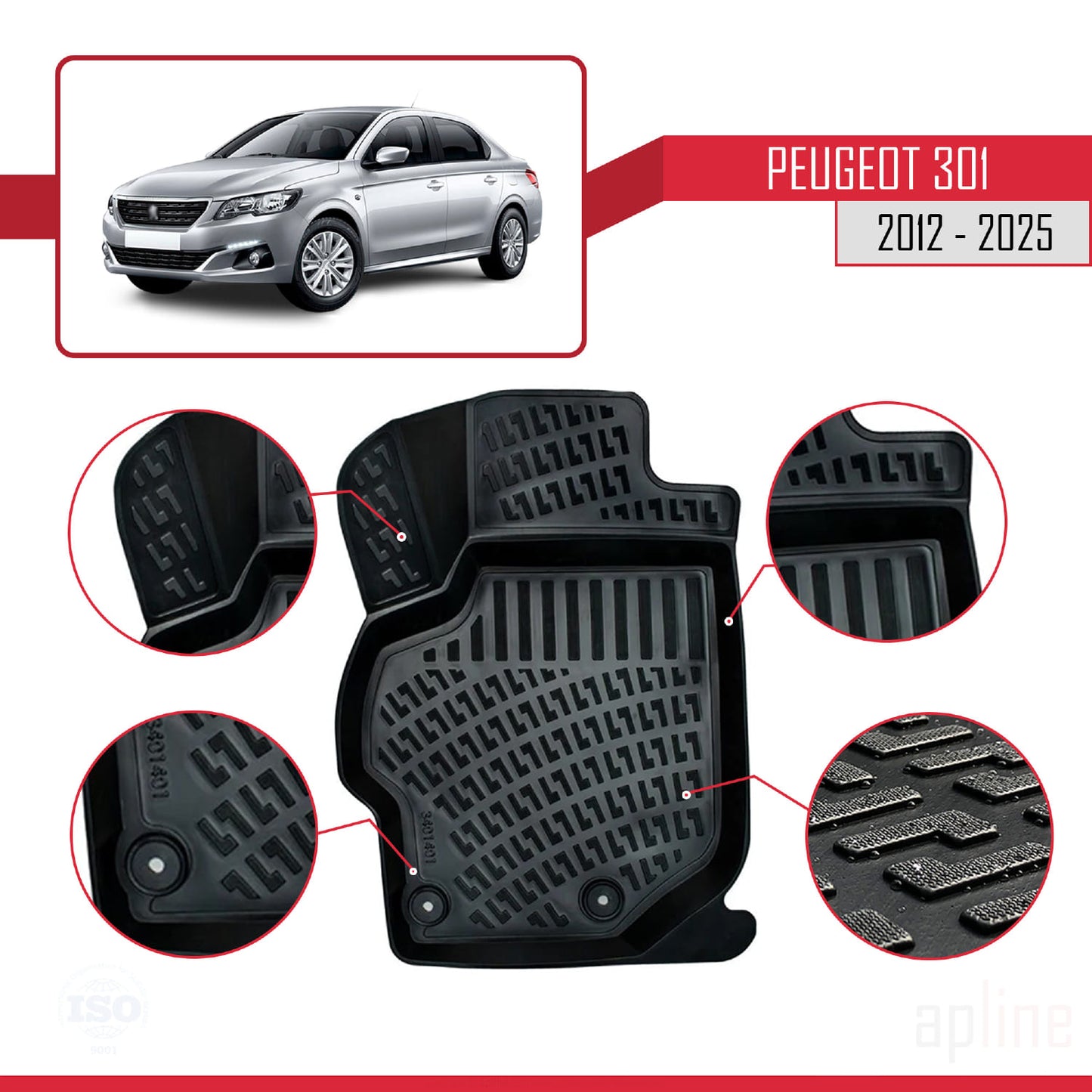 Compatible avec Peugeot 301 2012-2025 4D Tapis de Voiture Noir