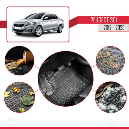 Compatible avec Peugeot 301 2012-2025 4D Tapis de Voiture Noir
