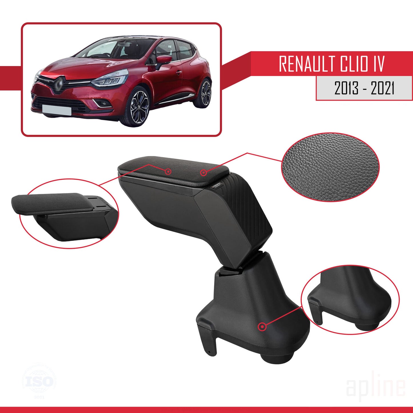 Armsteun compatibel met Renault Clio 4 2013-2020 Auto Middenconsole Kunstleer Zwart