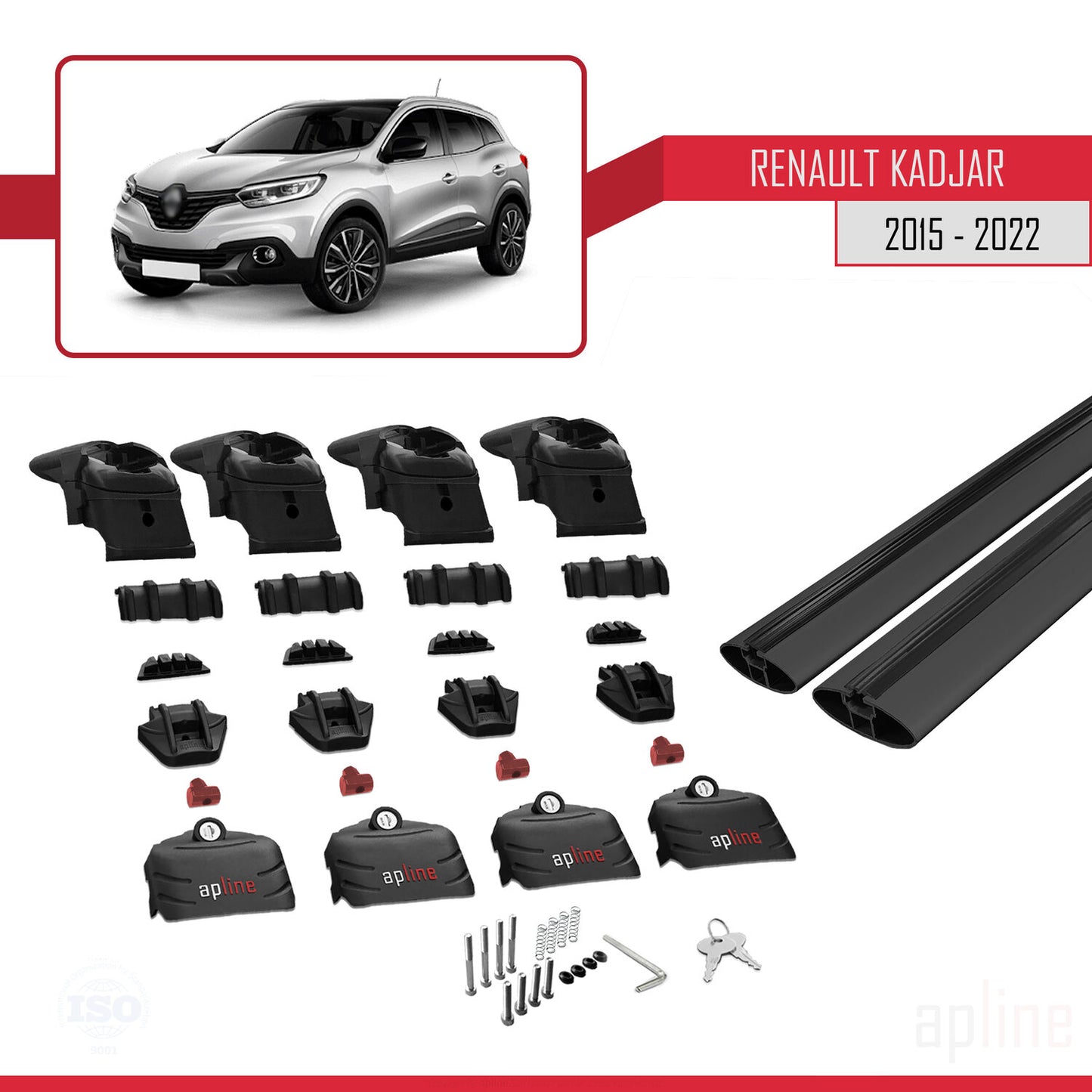 ACE-2 Dakdrager bagagedrager compatibel met Renault Kadjar 2015-2022 Spoorstaven Zwart Aluminium 2 Staven