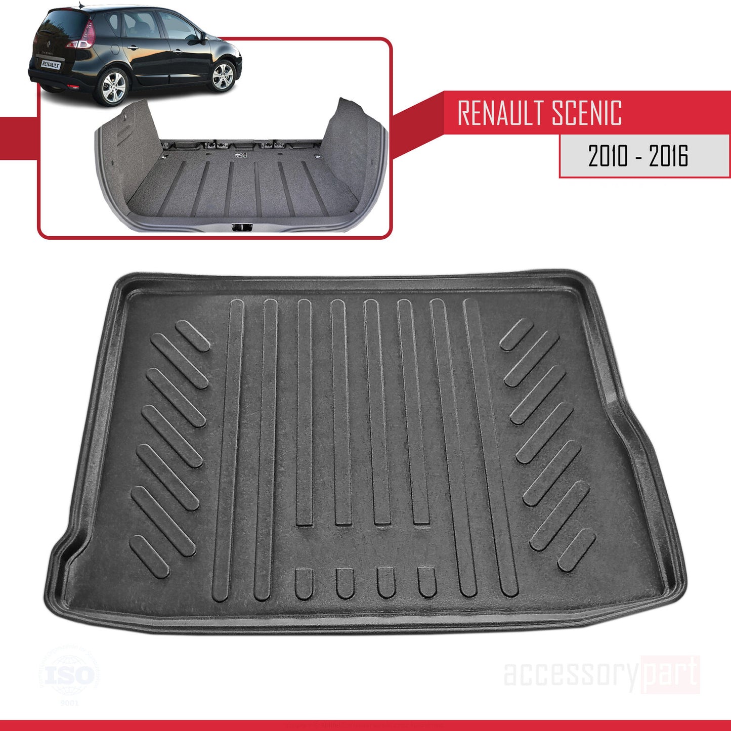 Compatible avec Renault Scenic 3 Post-Facelift 2012-2016 Flexible Tapis de Coffre Plancher de Chargement Noir