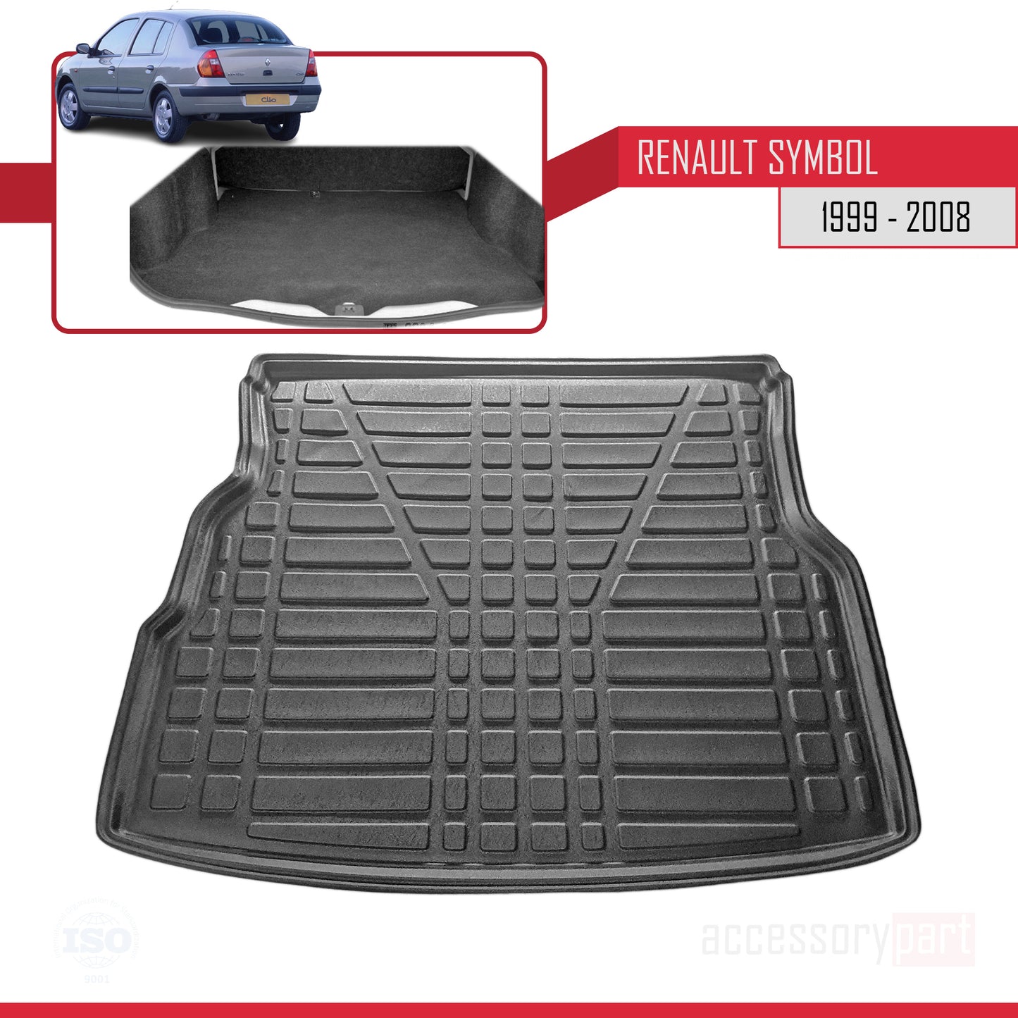 Compatible avec Renault Symbol (Clio) 1999-2008 Flexible Tapis de Coffre Plancher de Chargement Noir