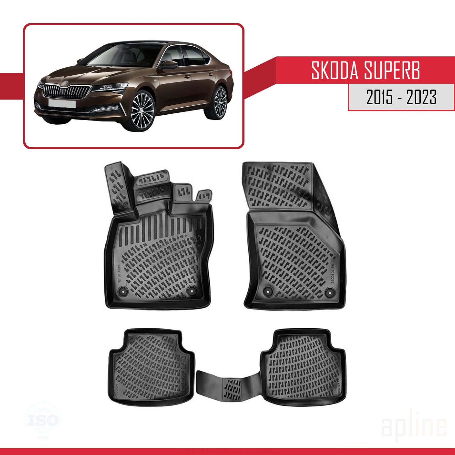 Compatible con Skoda Superb 3 (3V) Post-Facelift 2020-2023 4D Alfombrillas de Goma Negro