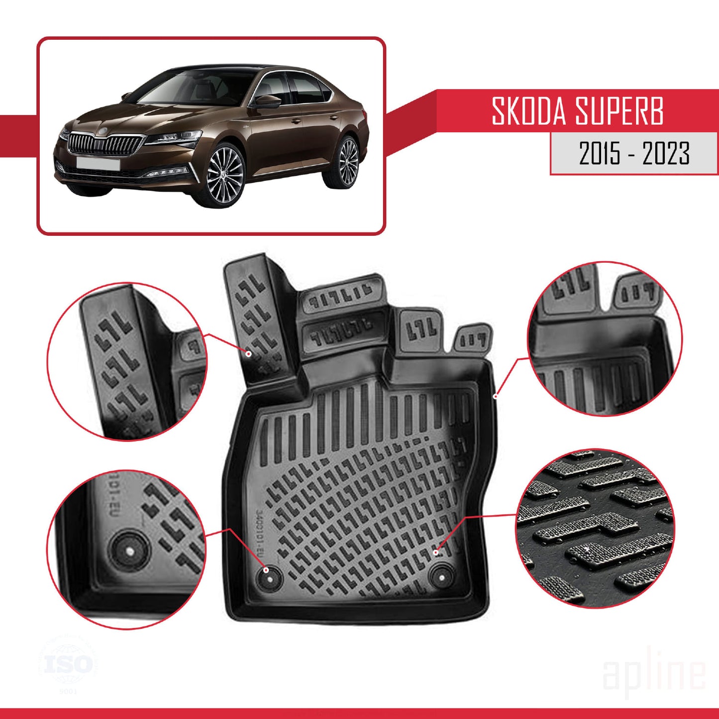 Compatible con Skoda Superb 3 (3V) Post-Facelift 2020-2023 4D Alfombrillas de Goma Negro