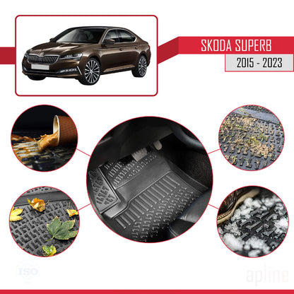 Compatible con Skoda Superb 3 (3V) Post-Facelift 2020-2023 4D Alfombrillas de Goma Negro