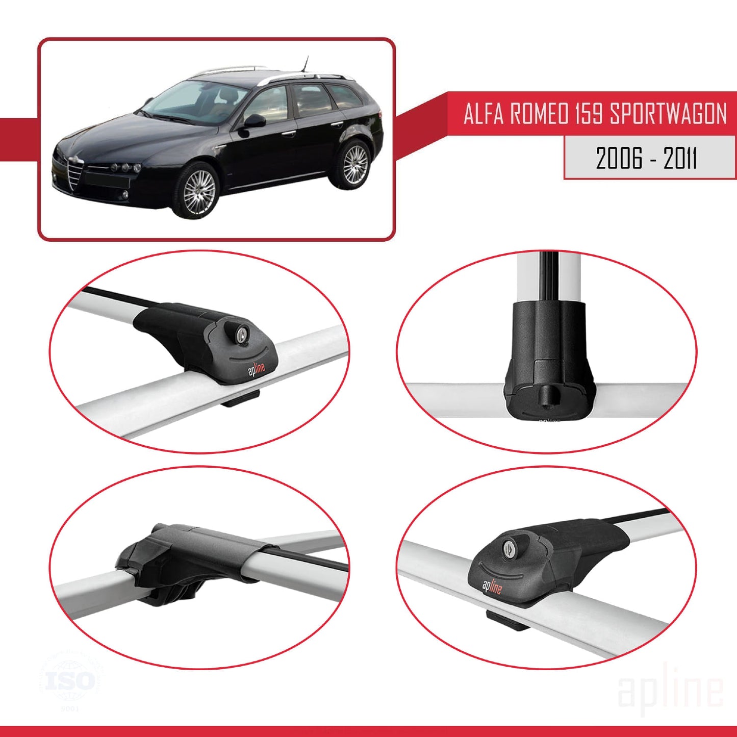 Compatibile con Alfa Romeo 159 (T939) Station Wagon 2006-2011 ACE-1 Barre portatutto per auto Portapacchi in alluminio grigio 3 barre