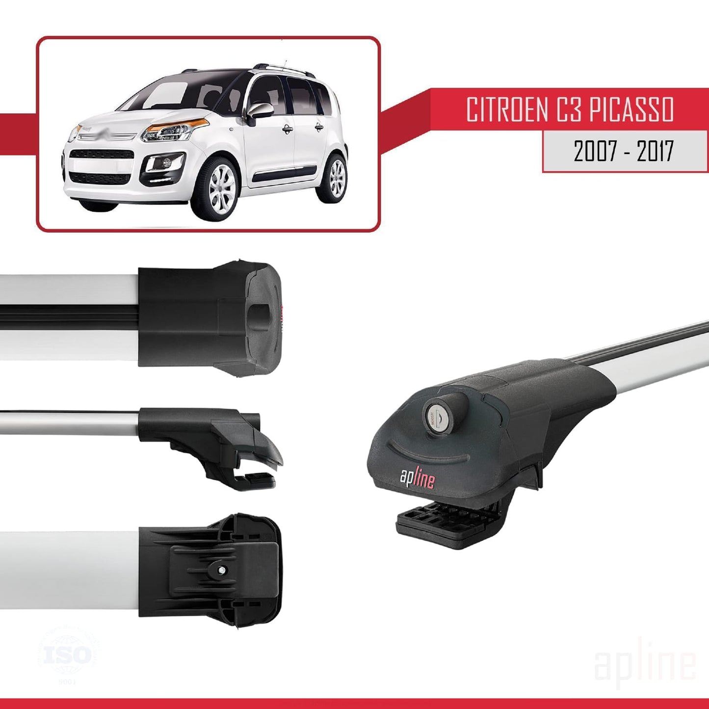 Compatible avec Citroen C3 Picasso 2009-2017 ACE-1 Barres de Toit Railing Porte-Bagages de Voiture Gris Aluminium 3 Barres