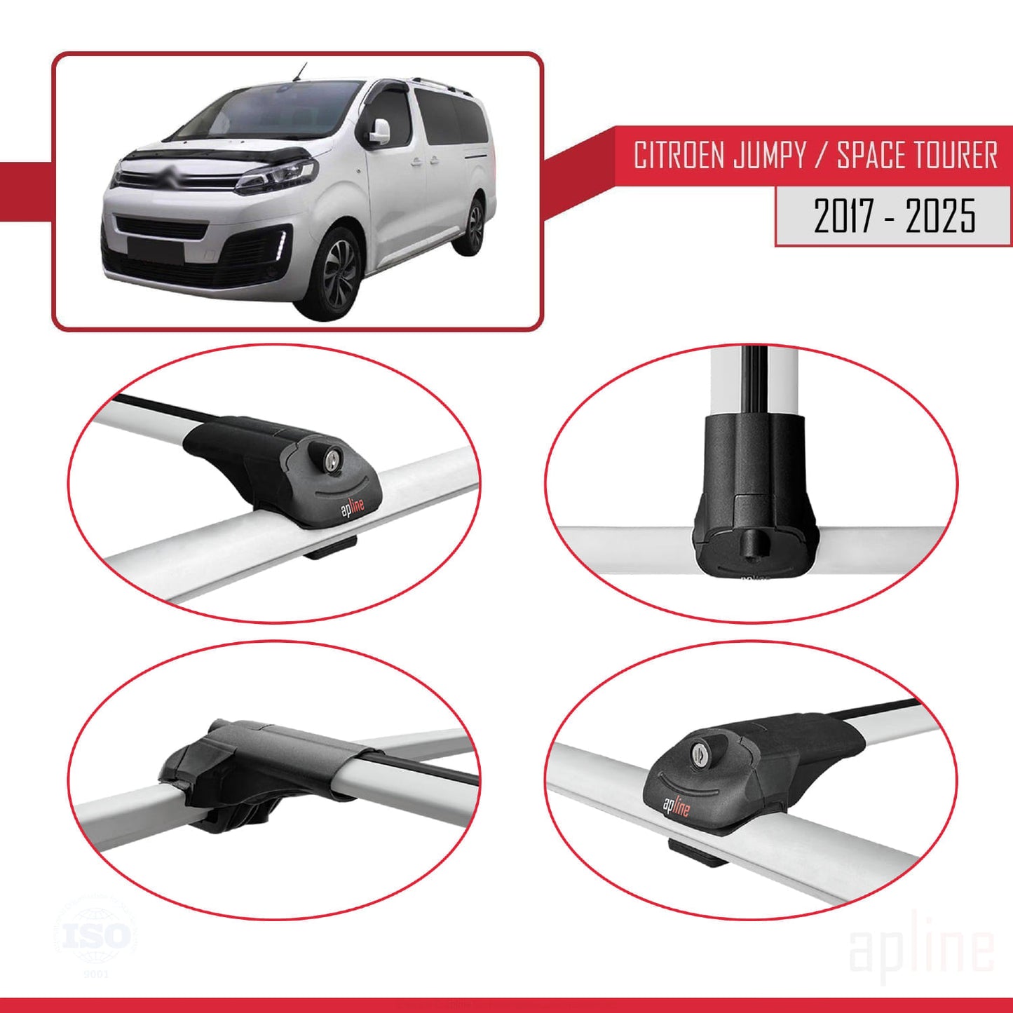 Compatible avec Citroen Jumpy 3 (K0) Space Tourer 2017-2025 ACE-1 Barres de Toit Railing Porte-Bagages de Voiture Gris Aluminium 4 Barres